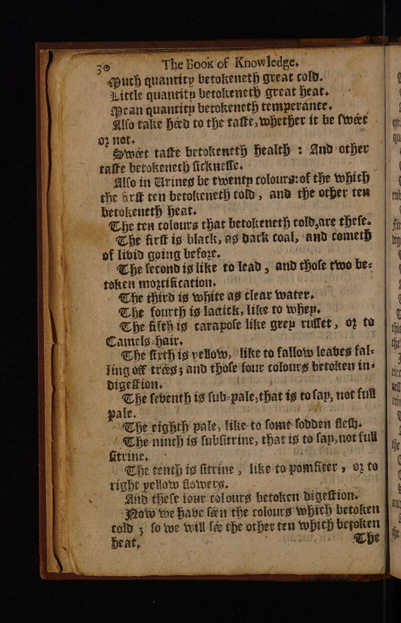 SP 30 The Book of Knowledge. spuch quantity betokencth great cold. Aittle quantitn betokencth great heat. pean quantity berokeneth temperance, Gita tatte heen to the tafte, whether it be (wee - 02 net. Ermect tatte betokeneth Health ; Gnd other tafe berokeneth fickuetle. Alto in rine be twenty colours:of the whith the Ari ten berokeneth col, and the other tev Hetokeneth Heat. Che ten colours chat hetokencth cold,are thefe. “be firtk ig black, as Dark coal, and cometh of litid going before. | Che tecondiglike to lead, and hole wo be: token moztification, . Qhe hird ig white ag clear water. he fourth is lacick, like to when, he filthig carapole like guep ruflet, 02 to Cancels -Hatr, | | ly @be firth ig pellow, ‘like to fallow leaves fal: Jing of tras; and thole four colonrs hetoiters ts digeiion. | | ot febenth is fub-pale,that tg tofap, not full | f Pale. i he vighth pale, like to fone fopden fice, | he ninth is tublitrine, at ts to fan. notfull | ky fitvine. - 1 aaa ic! Whe tenth is fitrine , like'ropambter , 02 ta ip right pellow fawers. | at And tele four colours betoken digetfior. ow we have fen the colours which betokett | col: fo Wwe trill fe rhe other ten whip cel heat, te