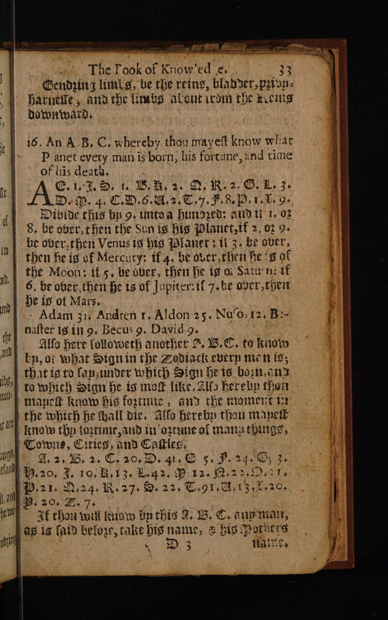 Gendeitry limbs, be che reine, blad yer, pytsy- Harneiie, ardache limbs aout irs coe hes | DowirwarD, 16. An A.B, C. whereby thou mayeft know what P anet every man is born, his fortane, ind time of his death, t+ 1,4, 2 fy play ik, 2s DY, IR. xi eB. i, 3+ D. D, 4+ C.0.6.04.3,C.7, 7, 8.4) 1%, De Divide chis by og. untoaa Hundged: andi 1, 02 8. be ober, chen the Sun ig hig pPlatet,tf 2. 02 9- be ofer.thert Venus is his Planet: ti 3. be ober, then fie ig of Mercury: tf 4. be aver, then he og of the Moon; ifs, be over, then He tg o; Satu'n: if ‘| 6, be ober, then be ts of Jupiter: tf 7. be ager, chen | be is ot Mars, | - Adam 31, Andren 1, Aldon 25, Nu‘o, 12, B:- nafter ig in 9, Becus 9. David, | '} Alfa here tolloweth another % 3B... te Know tp, or what Signin the Zadiack eberp men ts; thitigro fap;under which Sign Seis bostr.ang to which Sian be is mot like, Slfs hereby than miapedt krow his fogtuite , awy che moment ti i the which fe all Dic. Gifo herebp thou mained ‘} know tp togrite, and tn ‘ownne of mans couige, I Cows, Cities, 1nd Cale, 4.2, 1B. 2. C,20,D, 41. € gs F244 Ds 3+ 19.20, q, IQ; 13,1 3+ add, ‘P: 125 72.2 pee ie: Te | .2 I, Q,24+ Rs 27+ 5), ppg G.91 Git vearien | p. 20+ Zs 7+ \ $f chau will aisw Up this 2. 16, C. anpriait, Lag ig fatd befor, cake big name, € Sig Mothers ' eS WAL,