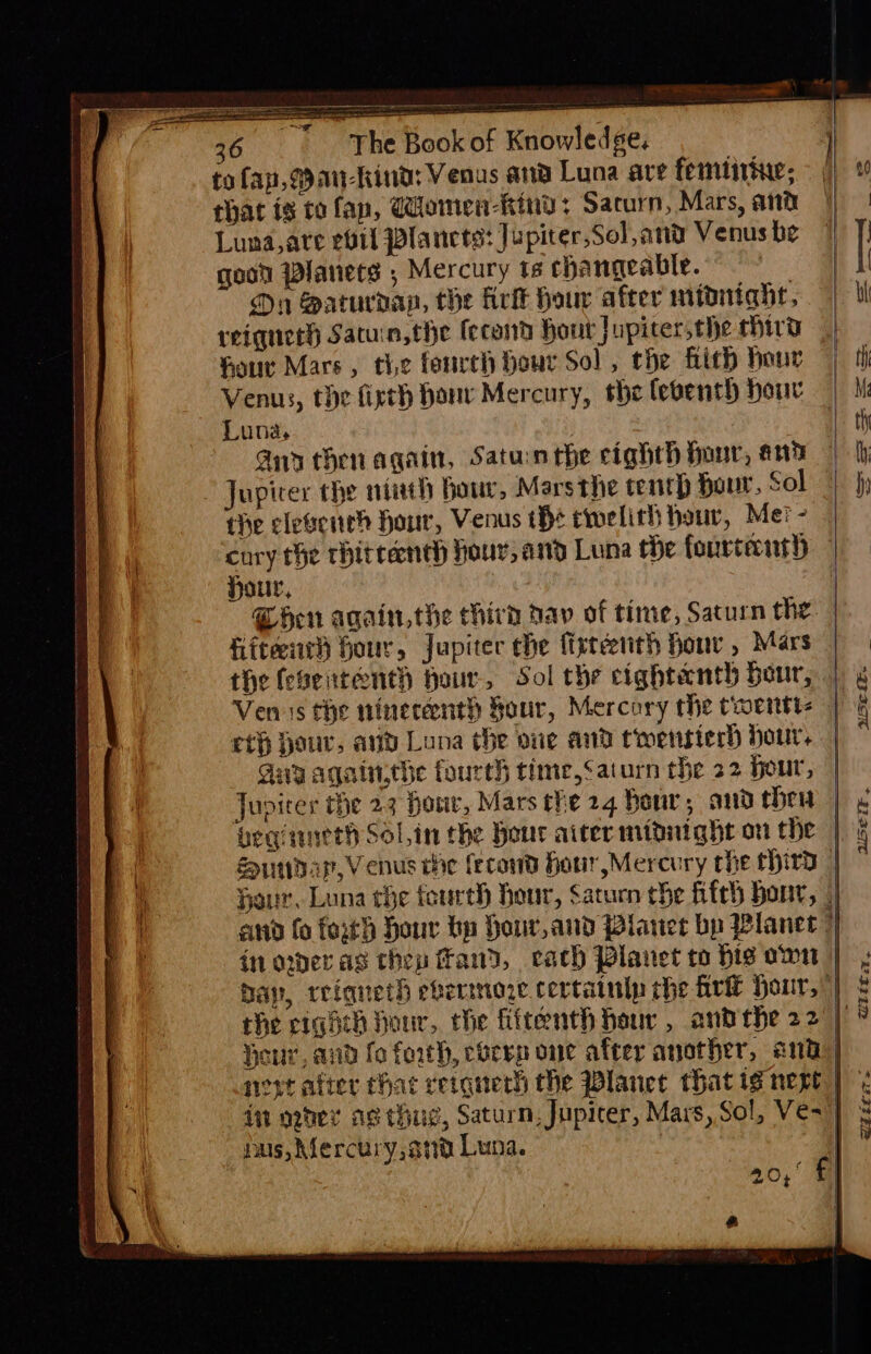 to fap, mankind: Veous and Luna ave femtirine; rhat ig to fap, @Women-kind; Sacurn, Mars, ant Luna, are epil Plancts: Jupiter,Sol,and Venus be goon Wlanets ; Mercury ts changeable. | On Saturdap, the rit hour after midnight, reiquerh Satuin,the fecend hout Jupiter,the hid hour Mars, tie fonreh Hour Sol, the fitch hour Venus, the firth honv Mercury, the feventh hour Luna, Any then again, Satunthe cighth hour, ant Jupirer the nih hour, Marsthe tench hour, Sol the cleseneh hour, Venus tHe tiwelith hour, Mer - cury the rhitrenth hour, and Luna the fourteenth Hour, Phen again, the thirh nav of time, Saturn the fitch hour, Jupiter che fixteenth hour , Mars the fesententh pour, Sol the cightenth Hour, — Ven is the nineceenth Sour, Mercory the twentis eth hour, aud Lona the vue and trwensierd hour, Any agatnthe fourth time,satarn che 22 Hour, Jupirer the 23 hour, Mars the 24 bonr, and then | Sp udap,V enus the fecoud Hour,Mercury che third Hour, Luna the fourth hour, Saturn che ffeh bony, | q anid fo forth Hour by Hour,aud Planet bp Wlanet | a inoweras then fand, cach Planet to his own | bap, reiqneth evermore certainly che frill hour, | Hour, and fo forth, corvp one after another, ante) neve after chac cetqnerh the Wlanet that ig nege in gder ag thug, Saturn, Jupicer, Mars, Sol, Ve~ | pus, Mercury, at Luna. 2,0;' f } USei¥F, @Zilit2. wi it svts