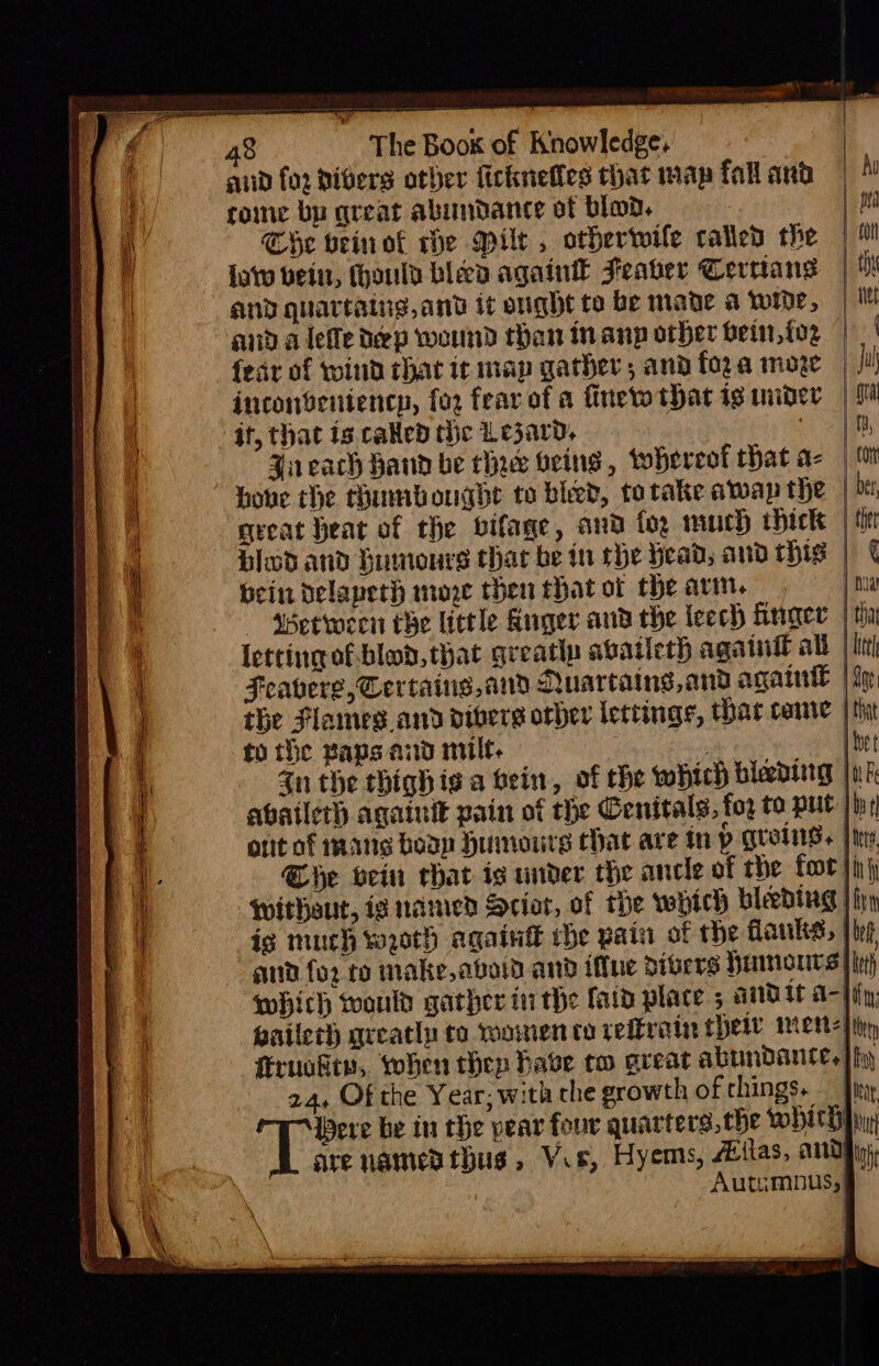 quid for divers otber ficinefles that map fall and rome bp great abundance of blod. The beinol we Milt , otherwile called the low bein, (hould bien again Feaver Certiang and quartatng,and it ought to be mane a wide, | suid a lefle dep wound than inanp other bein, foe | fear of wind thar it map gather, and fora moze inconsentencp, foz fear of a fine that ig under if, that is called the Leja, 7 | OB, Jneach hand be chee being, whereot chat a- | tt hone the humbonghe te bled, totake awap the | be great hear of the bifage, and toy much chick | the Hlod and humours thar be in che Head, and this | ¢ beint Delapeth moe then that of the arm. | nua ssetween the little Anger and the leech Firrger: | that letting of blod, that greatly abatieth suepainde all | ltt Feavere,Certaing,and Quartaing,and agawl | hp the Flames and divers other lettings, that comre | tnt to the paps and milf. , [het Zn the thighis a bein, of the which bleeding |nk abatleth againit pain of the Genitals, fog ta PU |p ont of mats body Humourg chat are in p quotas. jt Che vein chat ig under the ancle of the for jh) Withsut, ig named Sciat, of the which bleeding | fy ig much woth againft che pain of the HLauks, | bri and fo2 to make,aboid and iffue divers humours jie} which would garher in the fain place ; ANd It A-liy; gailerh greatly ta women co reffrain thew INL Hoy fruckty, when thep have tw great abundances | fy 24, Of the Year; with che growth of things. — fkiy iere be in the pear four quarters, the WHICH Phy Tx named thus 2 Vu s, Hyems, feitas, and tn | Autumnus,§