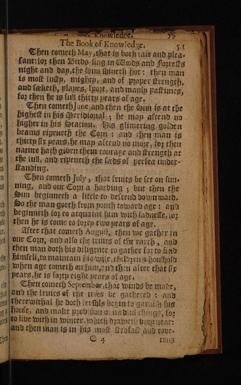 si RUSS sears Ge we KT COOC, The Book of Knowledge, I Chen cometh May thatis bochiaivandplea: | fant: ing chen Wirds fing in ads and Forel j ve night and dap,the Sua Hinech Hor: theuman | Leas 3 is molt luitn, mightn, and of Pwper frengqeh, | and fekerh, planes, (port, and manin pattimes, 1 | foe then be 19 full thirep pears of age, } if Chen cometh june,and then the Sun is at the ; Highett in His Bevigtonal ; be man afcend na “it |. Higher in His Station, big glimering golden ie beans ripeneth the Com: any ven man 13 cia thirtp fir pears. he map alceud ne mere, fo. their a nature Hath gisen thear courage aud Frengt} at Loe che inl, and vipenced the feds of perfec unaer- i: Tanding. | ee eI bE ef a tt Covey ve Es fhe ine Seber cote ge SE SOE fat ad the fruits ef the tres be qateerea ierewithal He doth fre Mla ecin to garaith bi go Poule, and nate prevritan a: aeDinul hisg ned tO live With it winter, wich nea Seth) berputar: ONY Chen man igin His mee Kepfag aud rove- ir C 4 fais