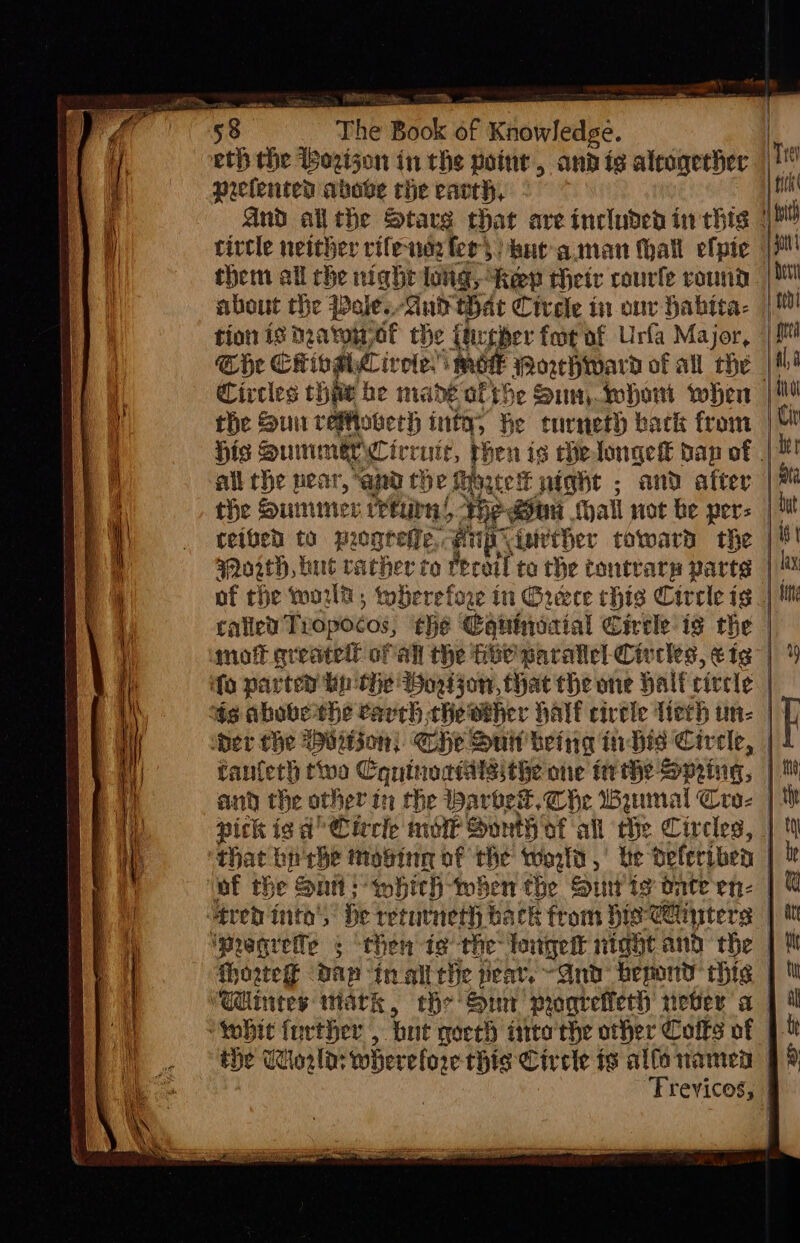 PMNS Teepe a. —_ The Book of Knowledge. eth the Gozizjon in the poine , and tg atocaeesec I peclenten above the earth, And allthe Stare that are included inthis || tittle neither rifenezfers) but aman hall efpic |) them all che night log, Keep their rourle round | about the Pale. Aud wat Cirele in one Habita- | re tion is Dra vonof the {argber foot of Urfa Major, qe Che CHibshCivele:’ moe Porhwward of all the ie Circles thpe be made ult he Sun, whom when | M4 the Suu veMoverh inty, he turner) back from | O his Sumer Cirruir, phen is helonges dap of | all che near, and the Fi tei night ; and after the Summer retina, Phe Simi hall not be pers | ht feiben to progreiie. fp -iivther cowara the | 4! oith, but rather to fecail ta the tontrarp parts = > oes te of che world; therefore in Greece chis Circle ig | tm calico Tiopocos, the Cantidaial Circle ig the | mot qreatell of all the Hie parallel Civeles, cig | 4 ifo parted bp the Dogijon, that the one Half circle | “$s abobethe Carrh che other halt circle terh un. | ‘Der the {oition) Che Oui being inhis Circle, | fauleth two Contnoriiissthe one inthe Spring, | anh the other in the arbedt.Che Wyumal Cro- |W pick ig A’ Cierle moe Donth of all the Circles, | 4 ‘that ba'rbe moving of the world , be deleriben | ‘af the Sati which when the Sut ig bate en- | @ Jered inth's’ Be rerutneth back from His C@inters | Mragrette 3 “hen te the loungedt night and the | M (hoztesy Dap in all the peav. -And hepond this | | the Wor lo: wher efore this Circle fs alfa namen | Frevicos,