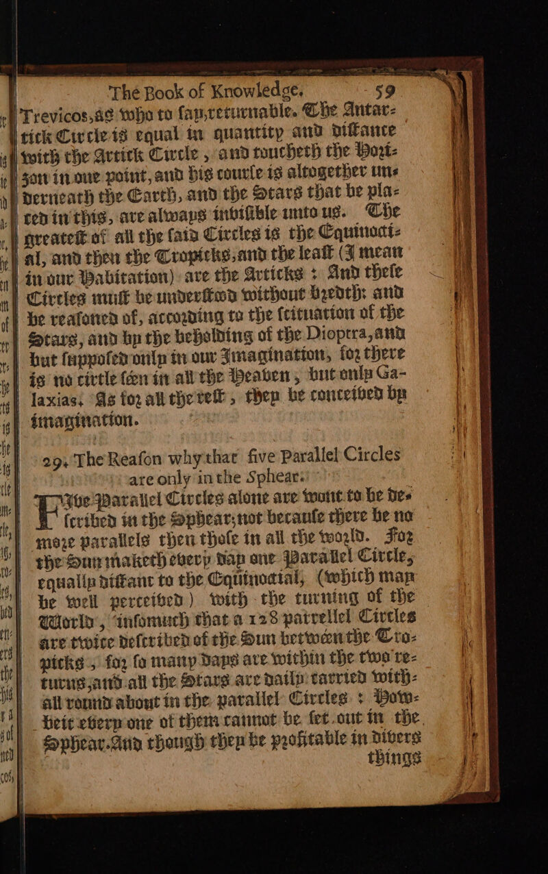 fl Trevicos,a¢ tho to fap,rerurnable. abe Antar- lick Cwveie 18 equal in quantity and difance | twit the Avetek Circle 5 and toucherh the Wort: yh Sor inoue paint, and bis courte ts altogether uns lderncarh the Earth, and the Stars that be plas Lf} cenin this, ave always inbifible mtoug. Che efaia Circles is rhe Cquinodt: Hal, ¢ 70 @ and the leat (3 mean ah aour Wabitation) | Circles mult be undertton without byedth: and He reafotwa of, according te the (citnation of the Stare, and ho rhe bebolbing of the Dioptra, ann Lut fappofen onilp i our Imagination, for there if Jaxias, Gs fo all thetell, thep be conceived bp af Sttagiwation. 2 8 29, TheReafon why that five Parallel Circles are only inthe Sphear:’ Hive Waraliel Ctvcles alone ave watt to he Des feriben in the Spbear;not becanle chere be no | ehesSurimaketh eberp Dap one Paraliel Circle, | equaliphittant to the Cquinodtal, (which man be well perceibed) with che turning of the WHorln’, infomuch that a 128 parrellel Circles are twite beftriben of the Sun betwen the Cro- picks, fo fo many Daps are within the two re- furs aiid all the Stave. are patlp: carried with: all ronna about in the parallel Circles : Bow- | HeieeGerp one of theta cannot be fet.out in the. fophear.ary though then be profitable in divers | things