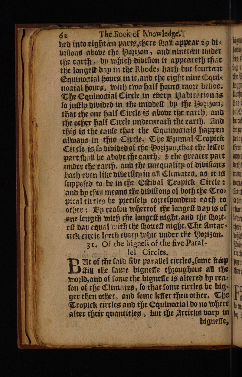 my sei ante Caine ee ee Se ee = : The Book of Knowledge, | 1 nev inte cightén parte,there thalt appear 29 Ot | bagi Lifes above che Portion, and nineteen wader |) hh the earth, bn which divifion it appeareth that | hoot the longed dap in the Rhodes harh but fourteci 9 ly! Equinotial hours init,and the eight nine Cquiz | thee nogial hours, with wo half hours more belive. | hig The Cquinodial Circle in eberp Pabicationas | tink fo judtip divided in the minded by the Bozzao; |) hil that the one Half Circleis above the earth, and |hle he other Half Circle underneath che earth. and | bt this. is the caute that the Cquinocials haxpeir | ip alwaps:in this Circle, Che Wumal Cropicks | pr Circle igfa dibinedoaf the Horwsjan,thac the leler | thee part (hall be above theearth, € rhe qveater part | ijn under the earth, and rhe mnequality ot Diotltows | tor)! hath even like piverficpin all Climates, ad 10a | moti fuppofen to be inthe Ciival Cropick Circle s | woes ‘ant ba this means the dibifions of hoch the Croz | tai Bical circles be precilelp coyrelpondent each ta | ij offer: Wp reafon whereof the longeit dap is of | the ene length with che longeft night,and the thoat= | lie eft dap equal withthe thogredt night. Che Antar= | thr tick-civcle Inech everp whit under the Poison. | iy Tit of the (ain fibe poraltel circles fome keep | ny, LJtin the (awe bignele throughout all the | ti, wo2ld,and of fome the biqnefle 18 altered bp rea: | fon of che Climates, fo chat Come circles be bigz| pr ger then other, and fome leflerthenother, The) [, Tropick circles. and the Cquinoaial do no where) jy», alter their quantities , but the Articks barp 10), | Coe a Higueffe, | \ er
