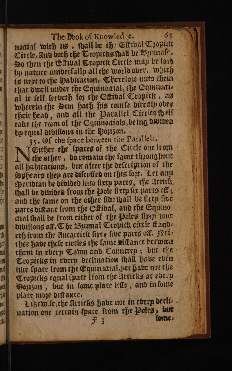 — The Book of Knowled-e. 65 natial with ug, thall ke 1): Efieal Crapicic Circle. Ray both the Crovicks hall be Bwumale. So then the @Hibal Cropick Circle map ve fad “hp nature univerfalla all the twoz!d ober, wiry ig next tothe Pabitatton. Chereiore unto Heur that owell under the Cquinodial, the Cquitiodts al te felf ferecth for the Citibal Cropick , as wherein the Sun Hath bis courle biredin obrey their fea, and all the Parallel Circivs halt take the ream of the Cquinodials, being Boe bu equal digifions iu the Hoztjan. | 35. OF the fpace berween the Parallels. Gither the (paces of the Circle one irom i Niche other, bo remain che fame throughout all habitations, but after the defcripiton of the Sphears thep are difeviicd on this fort. Ler anu Chall be diginen from che ole firtp fir paris of and the fame on the osfer flo? (yall be fiztp hee parts bitant from the Citival, and the Equine ctial (hall he from either of the Poles firey tory Dibifions of. C he Waumal Cropick circle Tand- eth from the Autartick firty five parts of. NEL ther habe thele civcles the Came witance berweit thei in eberp Sawn and Comnitep , but the TCropicks in eberp weclination thal Habe eben like {pace trom the Equinacial net Habe tot the Cropicks equal (pace fram the articks at cvcrp Wertjon , Lut in fome place lee, and fone place nia Diltance, uationone certatn (pace from the Poles, but F 3 fore: Nk a ne NT iar tel ts aan a