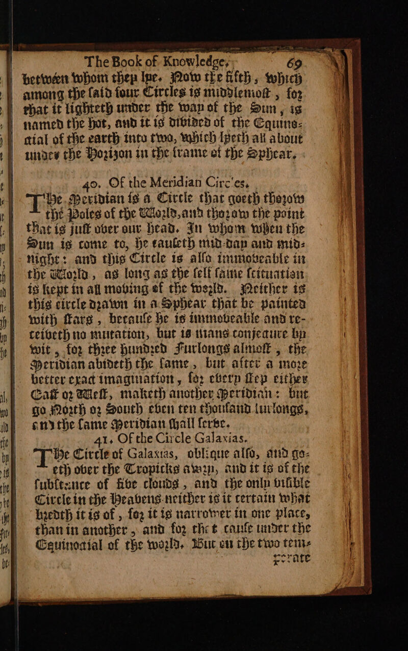 T be @evinian is a Ciccle thar qoeth thezow thé Wales of che CHold,and thozaw the point that ig jut ober our bead. Jn whom when the Sun is come to, he canteth mid-dan and midz Night: and this Circle is alfo inunoteable ii the Wola, as long as the fell fame {citnatian is kept in all moving ef the tosgld. jQeicher is this circle maton in aSphear that be patuten with Marg, beeaule be ie immoveable and re- ceiverh no mutation, but is wiane conjecure bp wit, for chee Hundeed Furlongs almott , the Meridian abtdeth che fame, but after a more better exac imagiuatton, for efierp Hep either Cak 02 Wiel, maketh another Meridian: but go Moth o2 South eben ten chouland turlongs, snithe fame Meridian (hall ferbe, 41, Of the Circle Galaxias. Te Circle of Galaxias, oblique alfo, and qe- eth ober the Cropicks awn, and it is of the fubfesnre of fibe clouds, and the onlp oifible Circlein che Heavens. neither tg it certain what hiedth itis of , for it tg narrower i one place, thanin another 5. and for chet canfe under the Cauinodial of the wazld. Wu vt the two terms esrate i i a t2 IA RS OT ee oct a el aes ee cat Ra