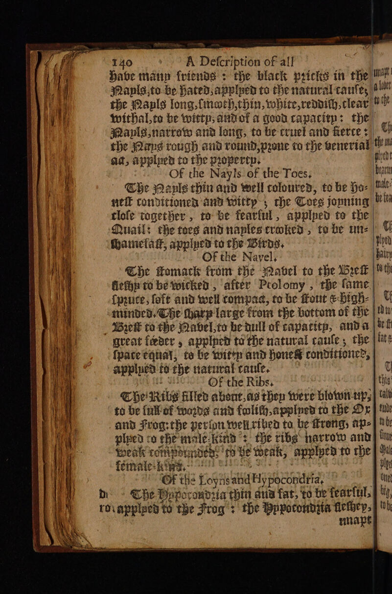 —— cw Wt 140 ~=—-— A ~Defcription of all | Have many friends : che black pricks i the Ml anle,to be Hated, apylpen to the natural caute, 6! the Mapls long, {oth thin, whiee,repdith, clear | withal,to be witty, andof a qoudrapaciep: the! _. Panlg.narrew and long, to be cruel and Gerce sO) the ans rough and’ round, prone to rhe benerial the at, applpen to rhe property. piven Of the Nayls of the Toes, nat She Maple chin and well coloured, to be Ha- |e nek conditioncn and witty: che Coes jomning Me tlofe together , ro be fearful, applped to the Quail: che tors and naples cromked, tobe une |) &amp; ametar, appined to the Wirny, piped | OF the Navel, |baln Che Comack front the abel to che Wei | ficfhp to be wicked , aftér Pcolomy , the fame): — (price, fefé and well compad, to be font ebigh- | © | be ff great feeder , applpet to the natural canfe , che | lite applpen to the tarural raule. x it S80 OF the Ribs. eas ee | fos She! Ribs filled abont,agthep were blown-up,| tal to be (nWof words and folih,applned ro the Dy | tue plied co she micle-Kind “2 the ribs harrow ant] ttn * ICIP ire te ermine ok | GF the LoynsandMypocondrta, | the