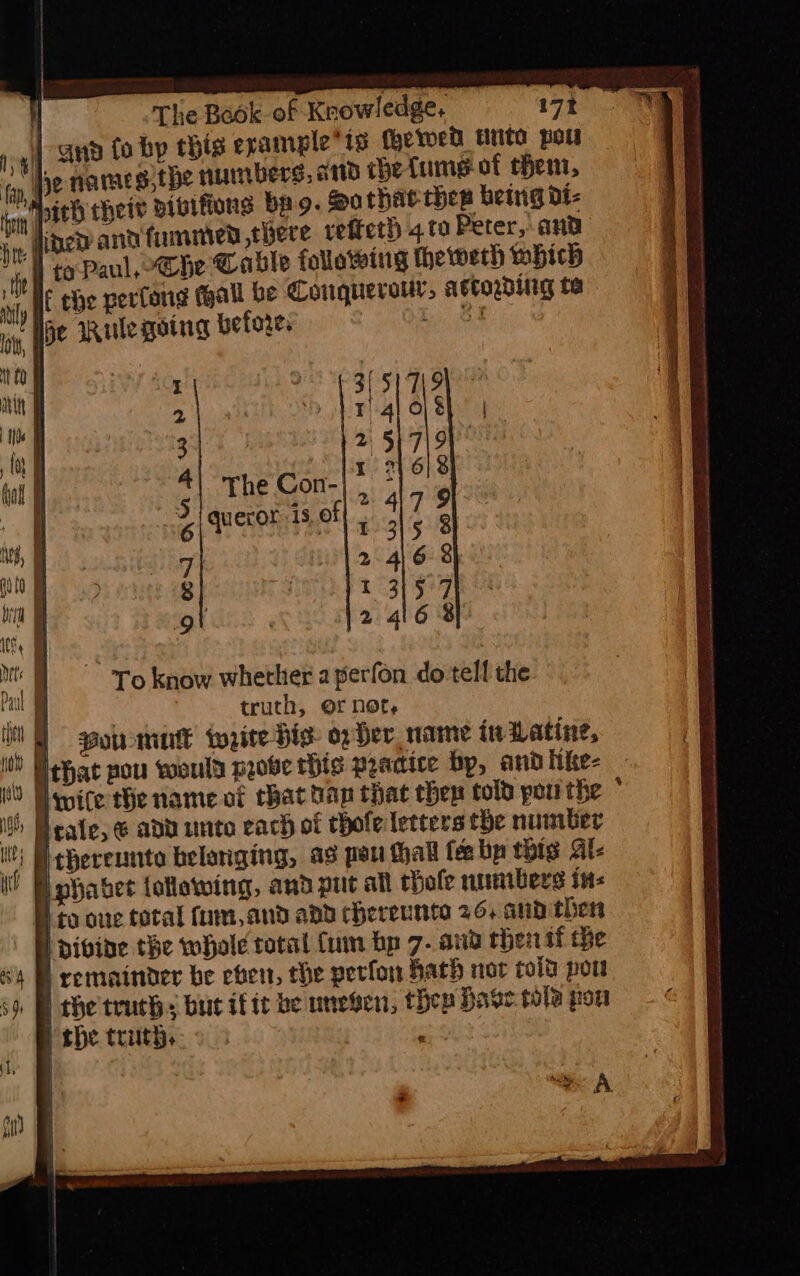 | -gnp fo bp this example*is therwet unto pow he namesithe numbers, aid ibe{ume of chem, Ach cheiv disitions bag. Sathat thes being dt- ee ined and fumed there refteth 4. to Peter, and itt Py Paul, -Che Cable following therwerh which wie e®e perlong mall be Conquerouy, aroybiteg te ‘Hje WRulegoing before. [. 84 et Wd The Con- queror is. of KRwphbwhryowmbo QaAwm AVY QA~I o—~ 6o~) 00 008 COO em OS PHY ew YY To know whether a perfon do tell the | truth, OF note Me Bowmutt write Hig: on Her name iwsLatine, uy that pou would pobve this practice by, and itke- ee wife the name of that dap that thers told pou the * i Grate, € add unto earh of thofeletters the number G | thereunte belonging, ag peu thall fee bp this Ab ' Ephabet tollowing, and put alt thole numbers in: i to oue total fum,and abd chereunta 26, aia then I divide the whole total tum hp 7- aia rhein if the remainder be even, the perfor Hath nor cols por | the truth; but ifit be unegwen, thep Have tola pou rhe truth,