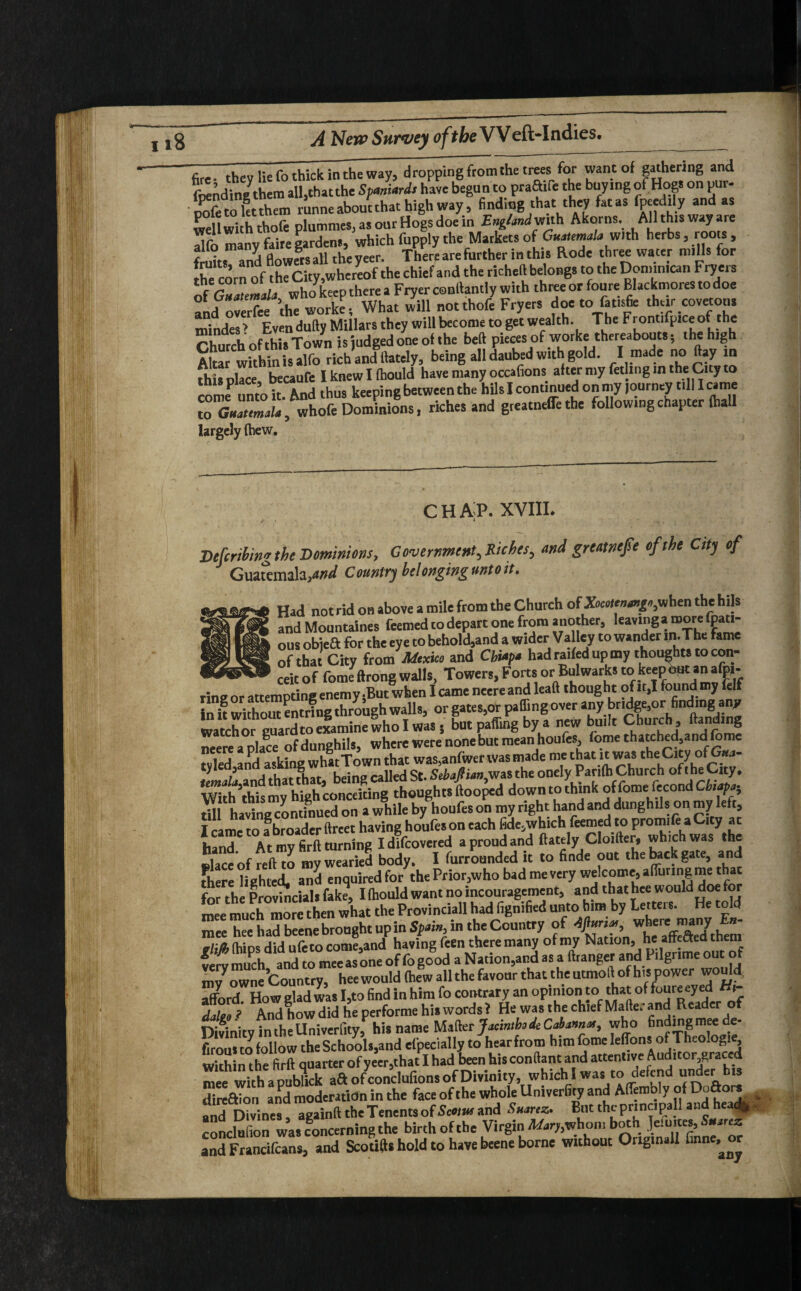 17 they lie fo thickknhe way, d ropping from the treesfor want of gathering and lending them all,thatthe Spaniards have begun to praftife the buying of Hogs on pur- nofetofetthem runne about that high way, finding that they fat as fpeedily and as well with thofe plummet as our Hogs doe in Eng/and vsith Akorns, All this way are ^r ^nvf.irehardens, which fupply the Markets of Guatemala with herbs, roots, f f?r. and flowfrsall the veer. There are further in this Rode three water nulls for the corn of^he City,whereof the chief and the richeft belong, to the Dominican Fryers of Guatemala who keep there a Fryer conftantly with three or foure Blackmores to doe and overfee the worke; What will not thofe Fryers doc to fatisfie therr covetous minde” Even dufty Millars they will become to get wealth The Frontifp.ce of the Church of this Town is judged one of the bed pieces of worke thereabout,; theh.gh Alur within is alfo rich and ftately, being all daubed with gold. I made no flay in this place, becaufe Iknewllbould have many occafions after my fetlingm the City to come nnto it. And thus keeping between the hils I continued on my |ourney till I came to Guatemala, whofe Dominions, riches and greatnefle the following chapter (hall largely (hew. c h a;p. xviil Defcrihing the Dominions, Government^ Riches > and greatnefle of the City of Guatemala,and Country belonging unto it. Had not rid on above a mile from the Church of Xocotenastgo fNhen the hils and Mountaines feemed to depart one from another, leaving a more pati- ous obiett for the eye to behold,and a wider Va ley to wander m.The fame of that City from Mexico and Cbiapa had railed up my thoughts to con- ceic0f fomeftrongwalls, Towers,Forts;or-Bulwarks to keepbptjnarpi- rine or attempting enemy-But when I came neere and leaft thought of it,I found my felf in k without entrfng through walls, or gates,or paffing over anybridge^rfindingany watch or guard to examine who I was j but paffing by a new built Church , Ending hand At mv firft turning I difcovered a proud and ftately Cloifter, which was the place of reVto my ” body. I fur/ounded it to finde out the back gate, and There lighted, and enquired for the Prior,who bad me very welcome, affuringmethat for the Provincials fake, Hhouldwantnoincouragement, and thathee would doe for mee much more then what the Provinciall had fignified unto him by Letters. He told mee hec had beene brought up in Spain, in the Country of ■iftun-x, where many En- glijh (hips did ufeto come,and having feen there many of my vervmuch and to mee as one of fo good a Nation,andas a ftranger and Pilgrime out or my^owne Country, hee would (hew all the favour that the utmoft of his power would, alford How glad was I,to find in him fo contrary an opinion to that of foure eyed t- daleo > And howdid he performe hi, words? He was the chief Made.-and Reader of Divinity in the Univerfity, his name Mailer JacinthdeCabannat, who firou, to follow the Schools, and Specially to hearfrom him (omeleffons ofTheologle within the firft quarter of yeer.that I had been his conftant and attentive Audtcor graced mee with a publick ad ofconclufions of Divinity which.1 wasrto defend under bs slireftion and moderation in the face of the whole Univerfity and Aflembly of DoEtor, an” Divines, againft the Tenentsof Wand Suarez. But theprincipal! and hea^ concluiion was concerning the birth of the Virgin /Lfary.whom both Jem.tes,5«arez andFrancifcans, and Scotifts hold to have beene borne without Ong.nall Cme^or tif