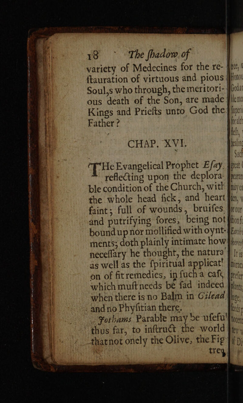 CHAP, XVI. THe Evangelical Prophet Efay, fie | refleting upon the deplora- frei ble condition of the Church, with five the whole head fick, and heart fey, faint; full of wounds, bruifes, Jorou and putrifying fores, being not flhonf bound up nor mollified with oynt- ments; doth plainly intimate how }) neceflary he thought, the natura | tj as well as the fpiritual applicat! fing on of fitremedies, in fucha cafe [prefs which muftneeds be fad indeed Jplng when there isno Balm in Gilead [hee . and no Phyfitian there. we _-Fothams Parable may de ufefa'f ine thus far, to inftru@ the world fin, thatnot onely the Olive, the Fig ne treq,