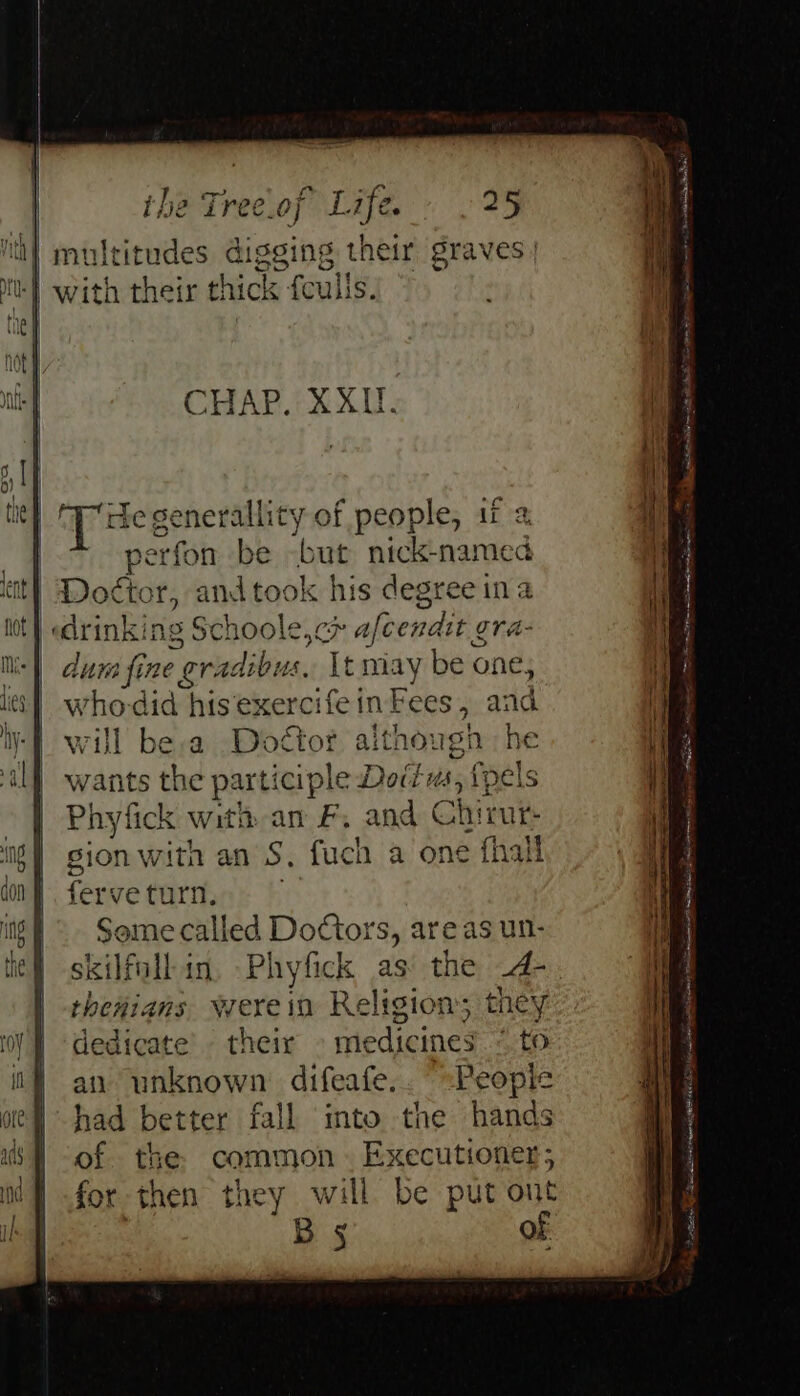 |multitudes digging their graves | | it with their thick fculls. tne | not nl] CHAP. XXIf. 5 Th 0} tie ‘THe egenerallity of people, if a | perfon be heii nick-named at} Doctor, andtook his degree ina tot} «drinking Schoole,c> afecndit gra {| ae Mes fl dura fine gradib aus, Lt mi ay be o one, is} who-did hisexercifeinFees, ana ey will besa Doctor although he ‘all wants the parti iciple Dottus, {pels Phyfick with an F. and Chirur- ng | sion with an S, fuch a one fhall ion J ferve turn, ing Some called Doors, areas un- ie} skilfollin Phyfick as: the 4- | -thenians were in Religion they WY |] dedicate’. their medicines “to in} an unknown difeafe. People ote had better fall into the hands us} of the. common. Executioner; mf for then they will be put ont Bs of a eee ane ms oe = ~- = —— oa Deceit St on Sia a4 Rstaancestana ee — = ey: Se eR oe = Seeeeel ee ~~ ~s _ - 4 >. ~ cit Be Sere AEE Nt nts a Pe A me IB SIS AN Re PIES An oe ey