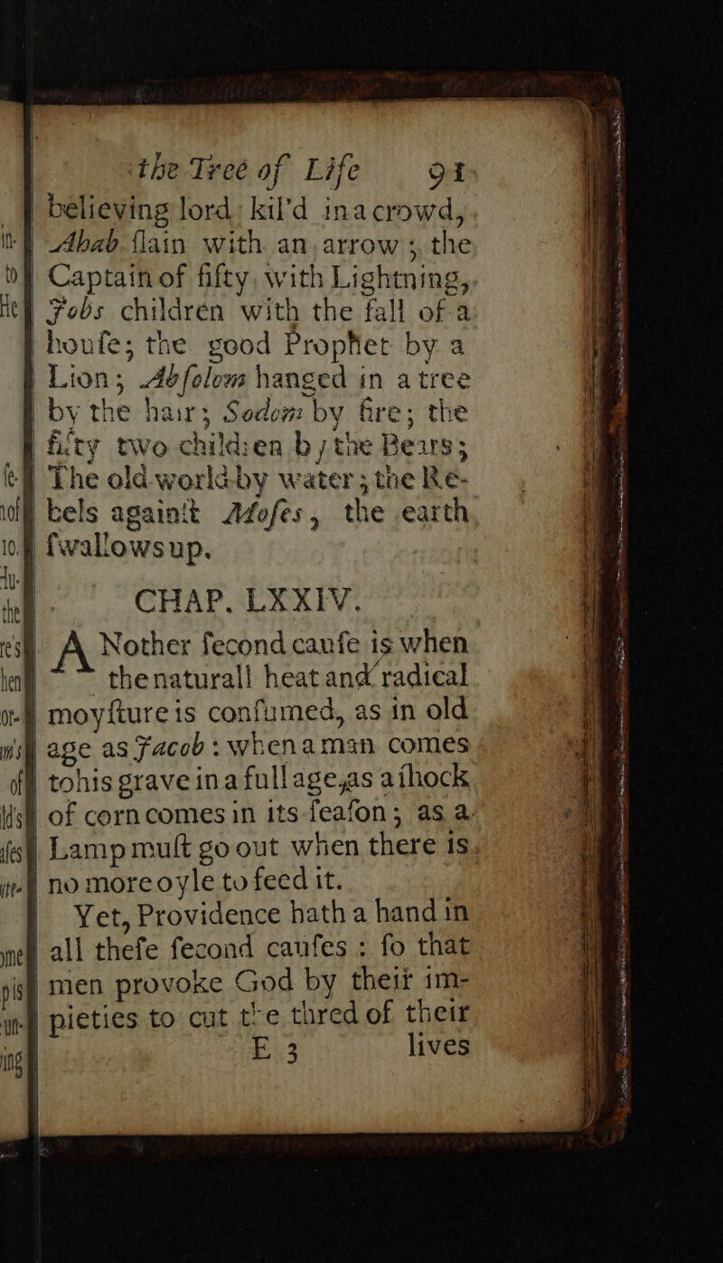 _ | believing lord: kil’d ina crowd, ‘t Abab {lain with an, arrow ;, the | Captainof fifty, with Lightning, | Fobs children with the fall of a |houfe; the good Prophet by a Lion; .46folom hanged in atree Pby the hair; Sodom by fire; the ) fiity two childiea bj; the Bears; ‘] The old-world. by water ; the Re- | bels againit Azofes, the earth # {wallowsup. CHAP. LXXIV. Nother fecond canfe is when | ~*~ thenaturall heat and radical | moyttureis confumed, as in old is) age as Facob: whenaman comes tohis grave ina fullage,as aihock sf of corncomes in its-feafon; as a, | Lamp muft go out when there 1s | no more oyle to feed it. | Yet, Providence hath a hand in all thefe fecond caufes : fo that men provoke God by thett im- .} pieties to cut tre thred of their | E 3 lives a ee Ot er Ree ant ee Wee ee ee ee, = 3 ee Fs = =~ aS: =, a iter WeGege tees aaron —Beerrencer te Ae