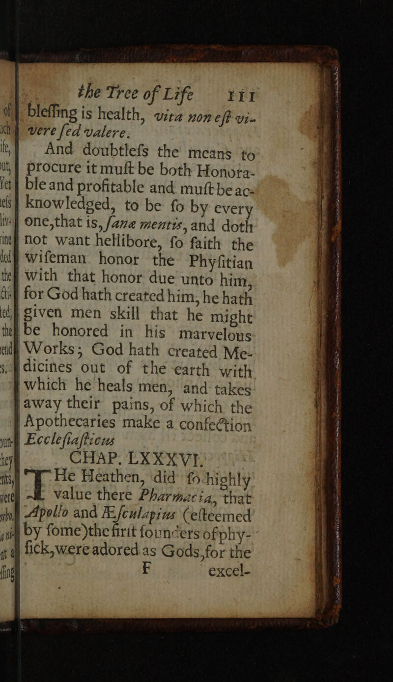 bleffing is health, vita non eff vie | vere fed valere. | And doubtlefs the means to i}} Procure it muft be both Honota- tt} bleand profitable and mutt be ac. 8} knowledged, to be fo by every vy One,that is, fave mentis, and doth /Not want hellibore, fo faith the dj wifeman honor the Phyfitian tf With that honor due unto him, if for God hath created him, he hath given men skill that he might be honored in his marvelons Works; God hath created Me- spdicines out of the earth with |which he heals men, and takes jaway their pains, of which the | Apothecaries make a confe@ion A Ecclefiafticus ' CHAP, LX XX VI. PF a SE POD TTT et ET Er :