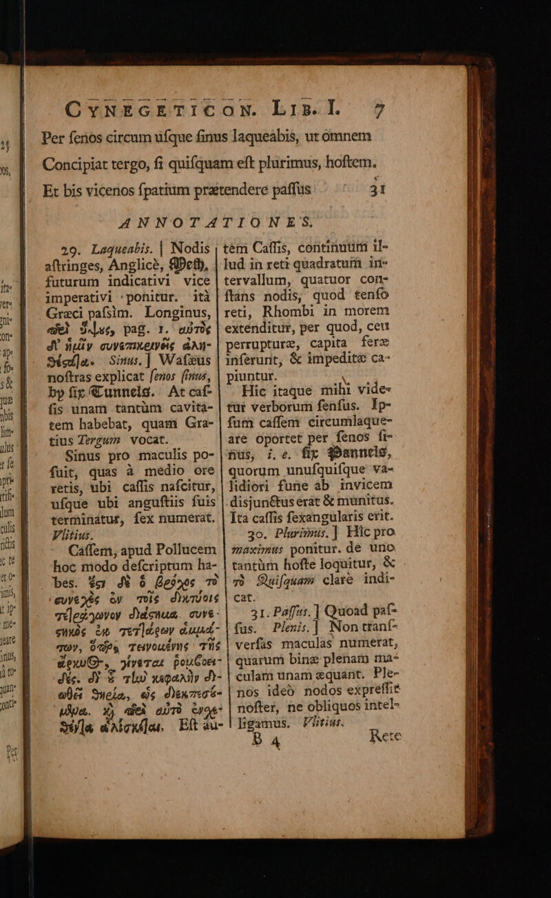 31 29. Laqueabis. | Nodis aftringes, Anglice, QDetb, futurum indicativi vice imperativi 'ponitur. ità Graci pafsim. Longinus, eel S4 pag. 1. adTOe dU lv cuysmXeryéie &amp;n- Sécd]a. Sinus.] Watieus noftras explicat [emos (inus, bp fic &amp;Cunnelg. / At caf- fis unam tantüm cavita- tem habebat, quam Gra- tius Zergum vocat. Sinus pro maculis po- fuit, quas à medio ore retis, ubi caffis nafcitur, ufque ubi anguftus fuis termünatur, fex numerat. Vlitius. Caffe, apud Pollucem hoc modo defcriptum ha- bes. $g 4€ 6 ej» TS evene oy moie diwT/oIS T4ez-ysvoy d)dewua. cuv&amp;- sóc 5 Tee dupuh- T0), O*s TtyOUeyWno T$ »t 7 &amp; &amp;exuC-, jiverca pouCon- déc. d) $ Tl x«gaAdy dY- eU weis, es disn7xcoi- aUa. Gy de aUTü cyo&amp;- Sa «Alexa. | Eft au- tem Calfis, continui il- lud in rett quadratum in- tervallum, quatuor con- ftans nodis, quod tenío reti, Rhombi in morem extenditur, per quod, ceu perrupture, capita fere inferunt, &amp; impedite ca- piuntur. : Hic itaque mihi vide- für verborum fenfus. Ip- fum caffem? circumlaque- are oportet per fenos fi- fus, i.e. fiy $9auncie, quorum unufquifque và- lidiori fune ab. invicem disjun&amp;tus erát &amp; munitus. [ta caffis fexangularis erit. 3o. Plurimuüs.] Hicpro maximus ponitur. de uno tantüm hofte loquitur, &amp; - yb Quifauam clare indi- cat. 31. Paffis. ] Quoad paf- fus. Pleni] Nontraní- verfas maculas numerat, | quarum bine plenam ma- | cularn unam equant. Ple- nos ideó nodos expreffit nofter, ne obliquos intel- hgamus, Pts. Rete b A |