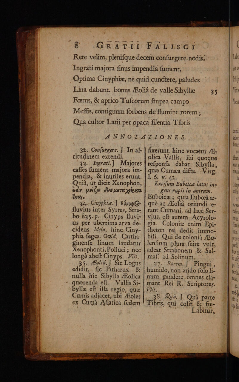 ESCAS SCAT.EI 32. Con[urgere. ]. In al- titudinem extendi. 33. Iugrati.] Majores caffes fument majora im- pendia, &amp; inutiles erunt. Quii, ut dicit Xenophon, &amp;ey ue(o duysueraoeleinu, $euJe 34.- Cinypbie.] KivvoQ- fluvius inter Syrtes, Stra- bo 835. p. Cinyps fluvi- cidens. Mea. hinc. Ciny- phia feges. Ovi2. Cartha- ginenfe linum laudatur Xenophonti, Polluci ; nec longéabeft Cinyps. 7r. 35. Elis. ] Sic Logus edidit,. fic Pithoeus; &amp; nulla hic Sibylla 7Eolica bylle eft illa regio, que Cumis adjacet, ubi 7Eoles ex Cumà Afjtica fedem fixerunt. hinc vocatur /E- olica Vallis, ibi quoque refponfa dabat Sibylla, que Cumza dicta. ' Virg. l. 6. v. 42. Excifum Euboice latus ín- Rens rupis in antrtin, Euboice ; quia Eubocá z- qué ac /Eolià oriundi e- rant Cumani. ad hxc Ser- vius. eft autem |. Acyrolo- gia. Colonie enim Epi- theton rei dedit immo- bili. Qui de colonià 7Eo- lenfium plura fcire vult, adeat Strabonem .&amp;. Sal- maf. ad Solinum. 37. Rerem.] Pingui, humido, non arido folo li- num gaudere .otnnes cla- mant Rei R. Scriptores. Vit. 38. £u. ] Quà parte Labicar, pmi ' es p, nj