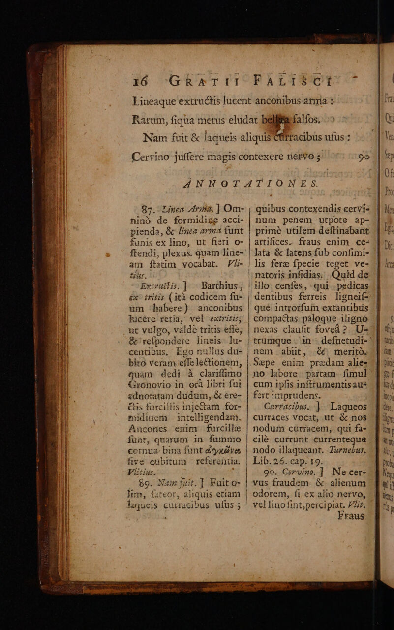 b falfos, 87. Linea rins. | Om- iunó de formidigg acci- pienda, &amp;c linea arma funt funis ex lino, ut fieri o- ftendi, plexus. quam line- anm ftatim vocabat. Vli tr. Ex;ruis.] ^ Barthius, &amp;x^ tritis (ità codicem fu- um habere) anconibus lucere retia, vel extriis; ut vulgo, valde tritis efle, &amp;' reípondere lineis. lu- centibus. Ego nullus du- bito veram effe le&amp;ionem, quam dedi à clariffimo Gronovio in orà libri fui adnotatam dudum, &amp; ere- €is fürcillis 1njet&amp;tam |for- midinem — intelligendam. Áncones enim furcille funt, quarum in fummo pr bina funt ety ye vé cubitum - referenila. Js. ) 89. Nam fuit.] Fuito- lim, ftans T, aliquis etiam iaqueis cur: racibus ufus ; e quibus contexendis cervi- num penem utpote ap- primé utilem deftinábant artiices.. fraus enim ce- lata &amp; latens fub confimi- lis fere fpecie teget ve- natoris infidias; Quid de illo. cenfes, qui pedicas dentibus ferreis ligneif- qué introrfum extantibüs . | compactas paloque igno jJ defuetudi-' | &amp; meritó. Sape enim predam alie- no labore. partam. fimul cum 1pfis 1inftrumentis au* fert imprudens. Carracibus, .] | Laqueos curraces VOCat, Ut &amp; nos nodum curracem, qui fa- cilé currunt currenteque nodo illaqueant. Turzebus. Lib.26. cap. 19. 9o. Gzrvimo.] Necer. vus fraudem &amp; alienum fi ex alio nervo, vel lino fint;percipiat. 7f, Fraus tru mque in