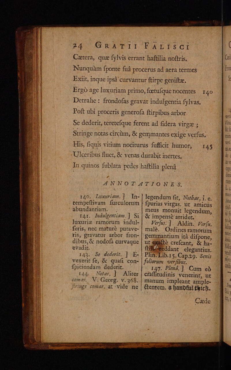 Caetera, quz fylvis errant haftilia noftris, Nunquàm fponte fuá procerus ad aera termes Exiit, inque ipsà curvantur ftirpe geniftae. Ergó age luxuriam primo, feetufque nocentes I4o Detrahe : frondofas gravat indulgentia fylvas. Poft ubi proceris generofa ftirpibus arbor Se dederit, teretefque ferent ad fidera virgze ; Stringe notas circiim, &amp; gemmantes exige verfus; Ulceribus fluet, &amp; venas durabit inertes, In quinos fublata pedes haftilia plená ANNOTATIONES, 14o. Laxurism.] Yn-| legendum fit, Noz£as, 1. e. tempeftivam. furculorum | fpurias virgas. ut. amicüs abundantiam. meus monuit legendum, t41. Judulgentiam. | S1 | &amp; impense arridet, luxurie ramorum indul- Verfus. ] | Aldin. Per[a. feris, nec maturé putave- | malé. Ordines ramorum ris, gravatur arbor fron- | gemmantium ità difpone, dibus, &amp; nodofa curvaque ! ut eg&amp;e crefcant, &amp; ha- evadit. - ful eddant elegantius. 143. Se dederit. | E- | Plin? Lib.15. Cap.29. Senis vexerit fe, &amp; quafi con- | foliorum ver fibus. Ípiciendam dederit. 147. Plen?, | Cum eo t44. Notas. ] | Aliter | craffitudinis venerint, ut comer. V. Georg. v.368..| manum impleant ample- Jiriuge comas, at^ Vide ne | Ctentem. a banpful tiích. Cade