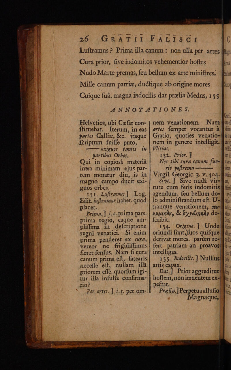 — 0 — (—— 0007000 o Helvetios, ubi Caefar con- ftituebat. terum, in eas partes Gallie, &amp;c. itaque fcriptum fuiffe puto, -——7 eXiguos tantis dm partibus Orbes. Qui in copiosà materià intra minimam ejus par- tem moratur diu, is in magno campo ducit exi- guos orbes. 151. Lufframus ] | Log. Edit. /«fframaur habet. quod placet. Prüna.] i.e. prima pars. prima regio, eaque am- pliffüuma in defcriptione regni venatici. Si enim prima penderet ex curz, vereor ne frugidiffimus fieret fenfus. Nam fi cura canum prima eft, fatearis neceffe eft, nullam 1llà priorem effe. quorfum igi- tur illa infulfa confirma- tio? Per arta. ] i.e. per om- nem venationem. Namjjes4 artes femper vocantur à [iu Gratio, quoties venatios Muni nem in genere intelligit. fuí Vitus E Lr 152. Prior. ] : Nec tibi cura canum fue- luni rit pefirema | [en Virgil. Georgic. 3. v. 404« But Sive, ] Sive nudà vir- qu, tute cum feris indomitis gio: agendum, feu bellum do*8 i; lo adminiftrandum eft. U-Jin: tranque venationem, e- | tli Aux, &amp; bordinkdy de- is. Ícribit. Wi 154. Origine. ] Unde oriundi funt, fuos quifque| derivat mores. parum re- ghi fert patriam an proavos, intelligas. 155. Indocilis,] Nullius, artis capax. D Dat.] Prior aggreditur hoftem, non irruentem exa pectat. | Pr«lia.] Perpetua allufio Magnaque, |