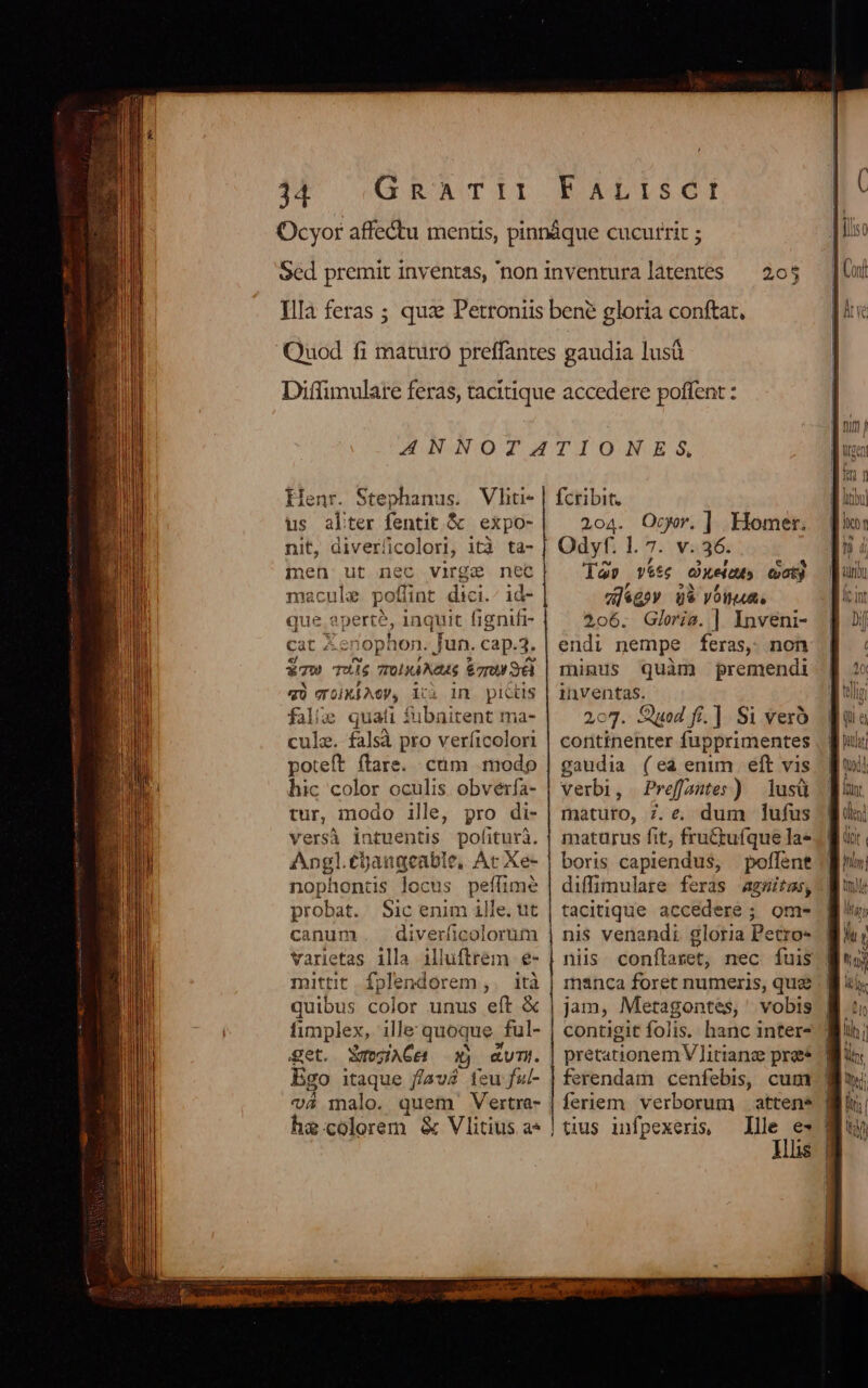 SEU COAXROÓAT II FALISCI Henr. Stephanus. Vliti- us alter fentit &amp; expo- nit, diver/colori, ità ta- men ut nec virge nec 3aculs poffint dici.^ id- que. pert? inquit fignifi- cat 4enop! hon. Jun. cap.3. £T» TWls TOlXANG4S &amp;7r0) 9l *) qoRÍACU, ici in pictis falie quati fubaitent ma- culz. falsà pro verficolori poteft flare. ctm modo hic color oculis obverfa- tur, modo ille, pro di- versà intuentis politurá. Angl. cijangeable, Ac Xe- nophonüs locus peífime probat. Sic enim ille. tit canum varietas illa illuftrem e- mittit. fplendorem ,. ità quibus color unus eft &amp; fimplex, ille quoque | ful- get. WAGE: aum. Bgo itaque flavà teu ful- v4 1nalo. quem Vertra- he.colorem &amp; Vlitius a* fcribit. 204. Ocr.] Homer. Té» v*t C keiatt» Gat) d«Goy u&amp; votuua. 206. Gloria. | Inveni- idi nempe feras, non minus quàm premendi inventas. 207. Quod fi. |]. Si vero continenter fupprimentes gaudia (ea enim. eft vis verbi, Preffantes) lusü maturo, 7. e. dum ufus maturus fit; fruCtufque la- boris capiendus, poffent diffimulare feras agsitas, | tacitique accedere ; om- nis venandi gloria Petro manca foret numeris, quz jam, Metagontes, vobis contigit folis. hanc inter pretationemV litiance praes ferendam cenfebis, cum feriem. verborum attens | tius infpexeris, Ue