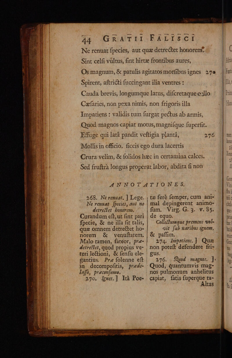 e— — — 0M 9— 2A Spirent, aftricti fucc 268. Nerenuat. ] Lege. Ne renuat fpecies, aut ne detretíet bonorem. Curandum eft, ut fint pari fpecie, &amp; ne illa fit talis, quz omnem detret&amp;tet ho- norem &amp; venuftatem. Malo tamen, fateor, fpre- detretfet, quod propius ve- teri le&amp;ioni, &amp; fenfu ele- in decompofitis, Pprede- laffo, precon[ume. 270. lgse.] Xrà Poe- te fer femper, cum ani- mal depingerent animo- fum. Virg. G. 3. v. 85. de equo. Colle&amp;tumque premens vuol- vit fab naribus ignem, &amp; paffim. 274. Impatiems.] Que gus. 276. Ouod magnos. ] Quod, quantumvis mag- Altas