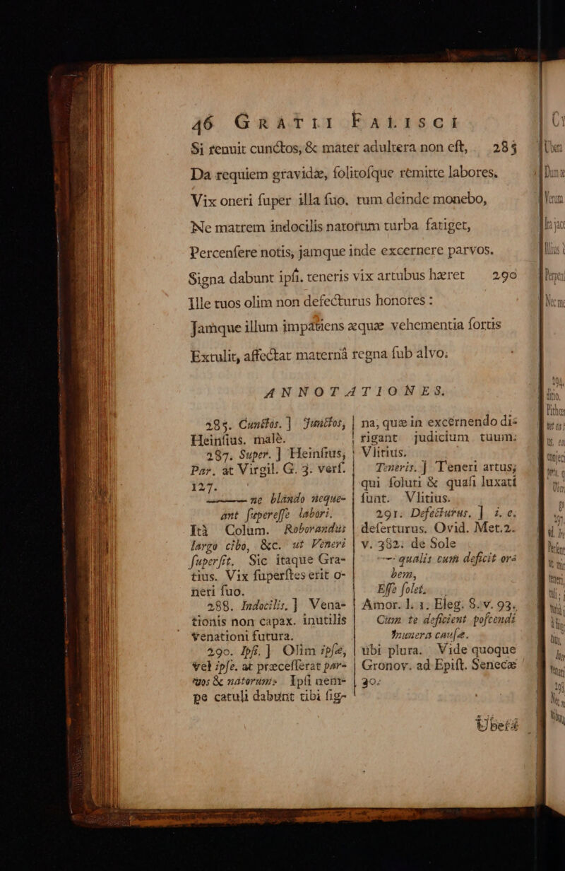 285 » 285. Cunüos. ] Junudtos, Heiníius. rnalé. 287. Super. ] Heinfrus; Par. at VirgiL |. G. 3. verf. 127. ne blamdo neque- ant fupereffe labori. Colum. Roeborandau largo cibo, &amp;c. wt Pemeri fuperfrt. Sic itaque Gra- tius. Vix fuperftes erit o- neri fuo. 288. Indecilis; ] Vena- tionis non capax. inutilis venationi futura. 290. Ipfi] Olim ipfe, el ipfe. at procefferat por- gos &amp; naterums Ipüi neme pe catuli dabunt tibi fig- Ità I / | 1 ne À— IONES na; que in excérnendo di« rigant judicium tuuin: Vijitius. Tomneris. | T'enert artus; qui foluti &amp; quafi luxati funt. Vilitius. 291r. Defétturus, ]. à. e. deferturus. Ovid. Met.2 v. 382: de Sole — qualis cum deficit ors bem, Effe fole T Amor. ]. 1. Eleg. 8. v. 93. Jum te deficient. pofcendi Jnuuera caufa. ubi plura. Vide quoque Gronov. ad Epift. Senece 30: bet E Wl,