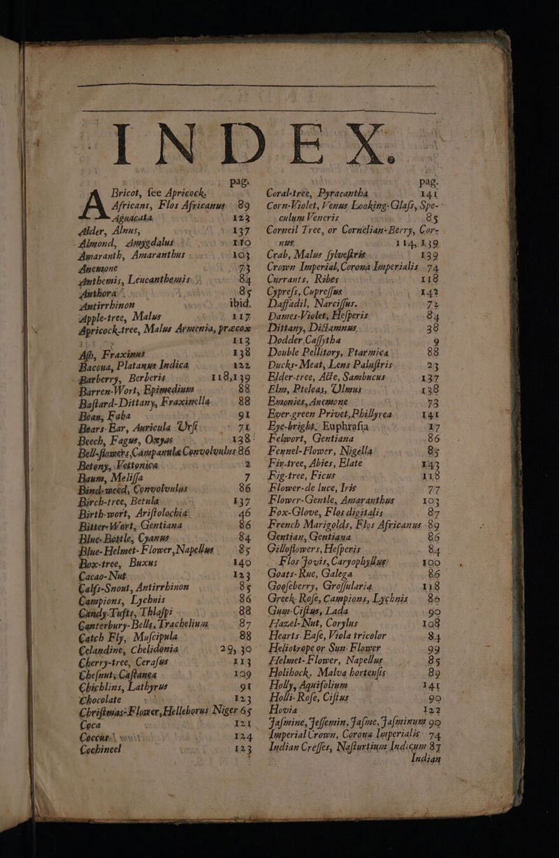 Bricot, fee Apricock, Byfceen Fios Africanus 89 Aguacata | £23 Alder, Alnus, A Aych % Almond, Amygdalus “s gyuto Amaranth, Amaranthus . .. 103 Aweuzone CWA Anthemis, Leucanthenis.\. 84 Anthora 3 Laan! 85 Antirrbinon uit ibid, Apple-tree, Malus ol BED. Apricock.tree, Malus Armenia, pracox Tht Op | 113 , Fraxinns | 138 Platanus Indica 122 Barberry, Berberis 118,139 Barren-Wort, Epimedium 88 Baftard- Dittany, Fraxiuella 88 Bean; Faba gi Bears-Ear, Auricula Orfi; 9° 7 ' Beech, Fagus, Oxxyas 138- Bell-flomers Campanula Convolontes 86 Betony,,.Kettonica 2 Baum, Meliffa 7 Bind-meed, Convolvnlas 86 Birch-tree, Betula. 137 Bitter- Wort, Gentiana ! 86 Blue-Boitle, Guanus 84 Blue-Helmet-Flower,Napelus. 85 Box-tree, Buxus 140 Cacao-Nut yi we 123 CEalfs-Snout, Antirrbinon 85 Campions, Lychnis 86 Cundy:Tufts, Thlafpz 88 Cavterbury-Bells, Trachelinzz 87 Catch Fly, Mufcipula 88 €elandine, Chelidonia 2:94.30 ° Cherry-tree, Cerafus 113 Che[nut;Caftanca 199 Chichlins, Lathyr 91 Chocelate pie 123 Chriftucas:F lower, Helleborus Niger 65 Coca T21 | Coceass sx A 124 Cochineel : 123 Coral-tree, Pyracantha E41 Corn-Violet, Venus Looking: Glafs, Spe-° culym Veneris. reiniy, 8§ Corneil Tree, or Cornelian Berry, Cor- nus. 114, 139 Crab, Malus [yluefiris i) R39 Crown Imperial, Corona Imperialis 74 Currants, Ribes Ae: Yh Cyprefs, Cupre//ws jy Ne Daffadil, Nareiffus. a9 PATO. Dames-Violet, Hefperis 84 Dittany, Ditlamnus.. 38 Dodder Caffytha 9. Double Pellitory, Ptar mica 88 Ducks- Meat, Lens Paluftris 23 Elder-tree, AGe, Sambucus 137 Elia, Pteleas, Ulmus...- 138 Emonies, Anemone 73 Ever.green Privet,Phillyrea 141 Eye-bright, Euphrafia 2 sky Felwort, Gentiana 86 Feynel-Flower, Nigella... 8 Fir-tree, Abies, Elate 43 _Fig-tree, Ficus 118 Flower-de luce, Iris Ble Flower-Gentle, Amaranthus 103 French Marigolds, Flos Africanus 89 Gentian, Gentiana &amp;6 Gilloflowers, Hefperis G4 Flos Fovis, Caryophyllus fare) ~ Goats- Rue, Galega 86 Goofeberry, Groffularia 118 Greek: Rofe, Campions, Lychnis 86 Guar Cifius, Lada is Hazel-Nut, Corylus 108 Hearts. Eafe, Viola tricolor 84 Heliotrope or Sux- Flower 99 Flelmet-F lower, Napelus .. 8% Holibock, Malva hortenfis 89 Holly, Aquifolivm T4t Holli- Rofe, Ciftus 90 Hovia I22 Falmine, Feffemin, Fafme, Fafminun 99 Imperial Crown, Corowa Imperialis: 74 Indian Creffes, Nafturtinie Indicua 87 Indian a