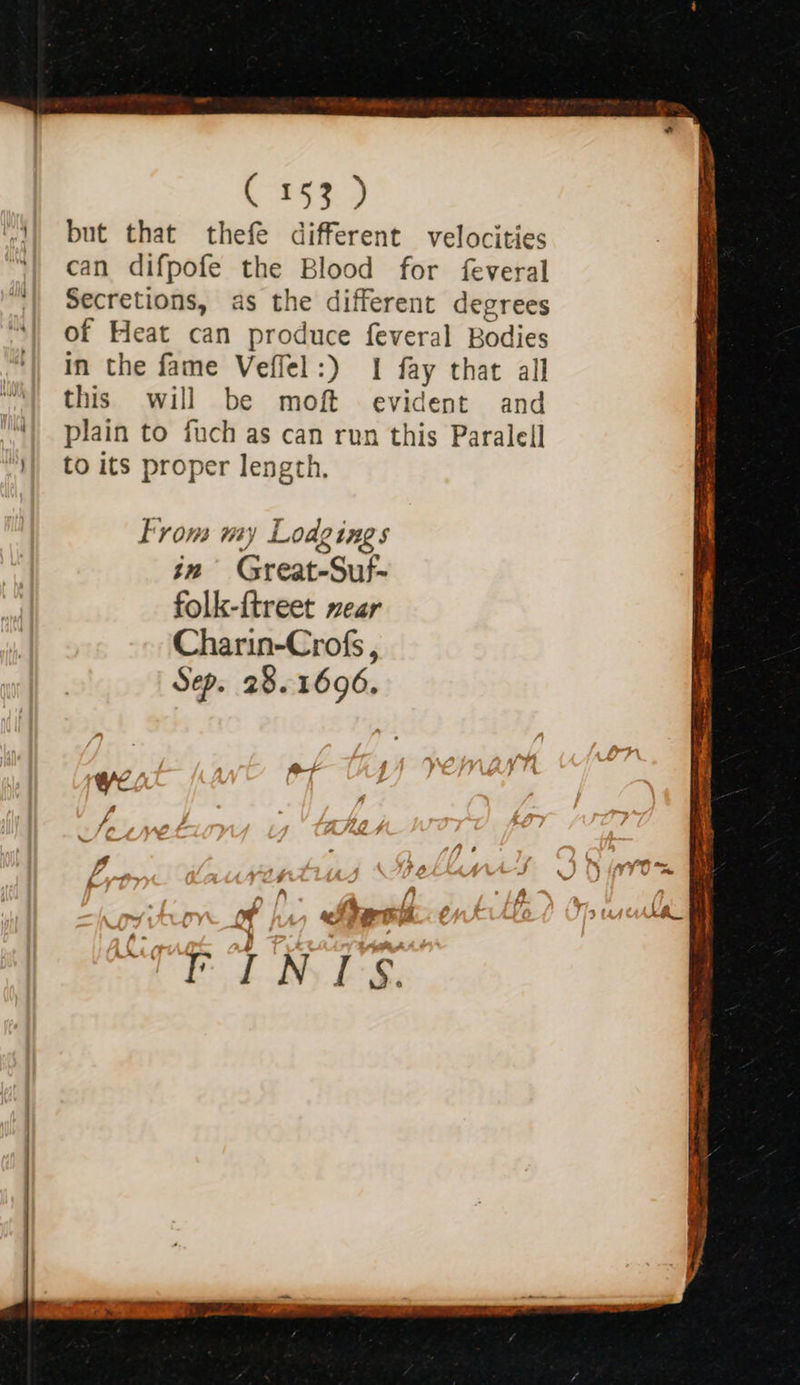  ; oak 1) but that thefe different velocities ‘| can difpofe the Blood for feveral Secretions, as the different degrees of Heat can produce feveral Bodies in the fame Veffel:) 1 fay that all this will be moft evident and ‘| plain to fuch as can run this Paralell 'y} to its proper length. From my Lodg ings in Great-Suf- folk-{treet wear Charin-Crofs , Sep. 28.1696.   