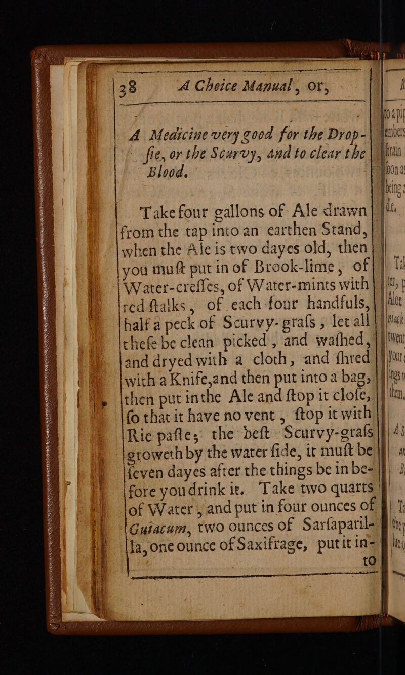 Hemet A Medicine very good for the Drop- titan fie, or the Scurvy, and to clear the Blood. Take four gallons of Ale drawn from the tap into an earthen Stand, when the Ale is two dayes old, then you muft put in of Brook-lime, of} | | Water-creffes, of Water-mints with | | im iredftaiks, of each four handfuls, |} ) haifa peck of Scurvy-grafs , let all))! | thefebe clean picked , and wafhed,}) landdryedwith a cloth, and fhred }})) |) \witha Knife,and then put into a bag; |} ( 4, |then put inthe Ale and ftop it clofe, |j | fo that it have no vent , ftop it with |} F cle Bieta —— —> Sere = Apogee — — > = i y Rie pafle; the beft Scurvy-grafs |} 4! | 4, jgroweth by the water fide, it muft bef) « 7 I) even dayes after the things be inbe-}j) J 4 P| WT lfore youdrink ir. Take two quarts | lof Water , and put in four ounces of §! | Guiacum, two ounces of Sarfaparil- fi ty Ja, one ounce of Saxifrage, putitin- hig tO) | ae ~ ERS we eS SHY LENE EES
