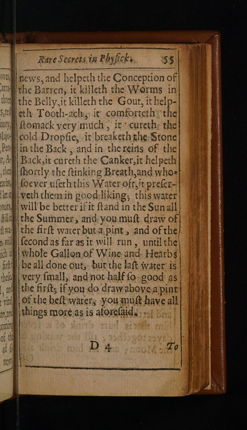 ON | news, and helpe th the Conception of | will be Better ih it ftand in the Sunaill the Summer, and. you muft draw o the firft; if you do drawabovea pint} of the beft water; you mutt pave all \things moré.as is atorelaid, |
