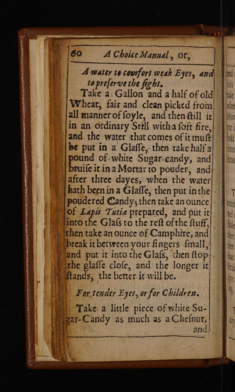 —_ A Choice Manual, or, A water te covsfort weak Eyes, and \ Vl te preferve the fight. ji Take a. Gallon and a half of old; Wheat, fair and clean picked from all manner of foyle, and then ftill ir in an ordinary Still witha foft fire, yy jand the water that comes of it muft 1) )| be put in a Glaffe, then take halfa} — 4) | pound of- white Sugar.candy, and} | (| bruife it.ina Mortar to pouder, and} | |}after three dayes, when the water| ) {hath beenin a Glaffe, then put inthe}. ) | poudered Candy; then take an ounce}. | Of Laps Tutie prepared, and put ir}. | ( @) hinto the Glafsto the reft ofthe ftuff,) | | (then take an ounce of Camphire, and]. | break it between-your fingers {mall, ‘) and put it into the Glafs, then ftop}. | the glafle clofe, and the longer it WW itands, the better it-will be. _ For,tender Eyes, or for Children. i) Take. a little piece of white Su- Wiezar-Candy as much as a Chetnut, | and} ES gf AR RRR TIN TENN