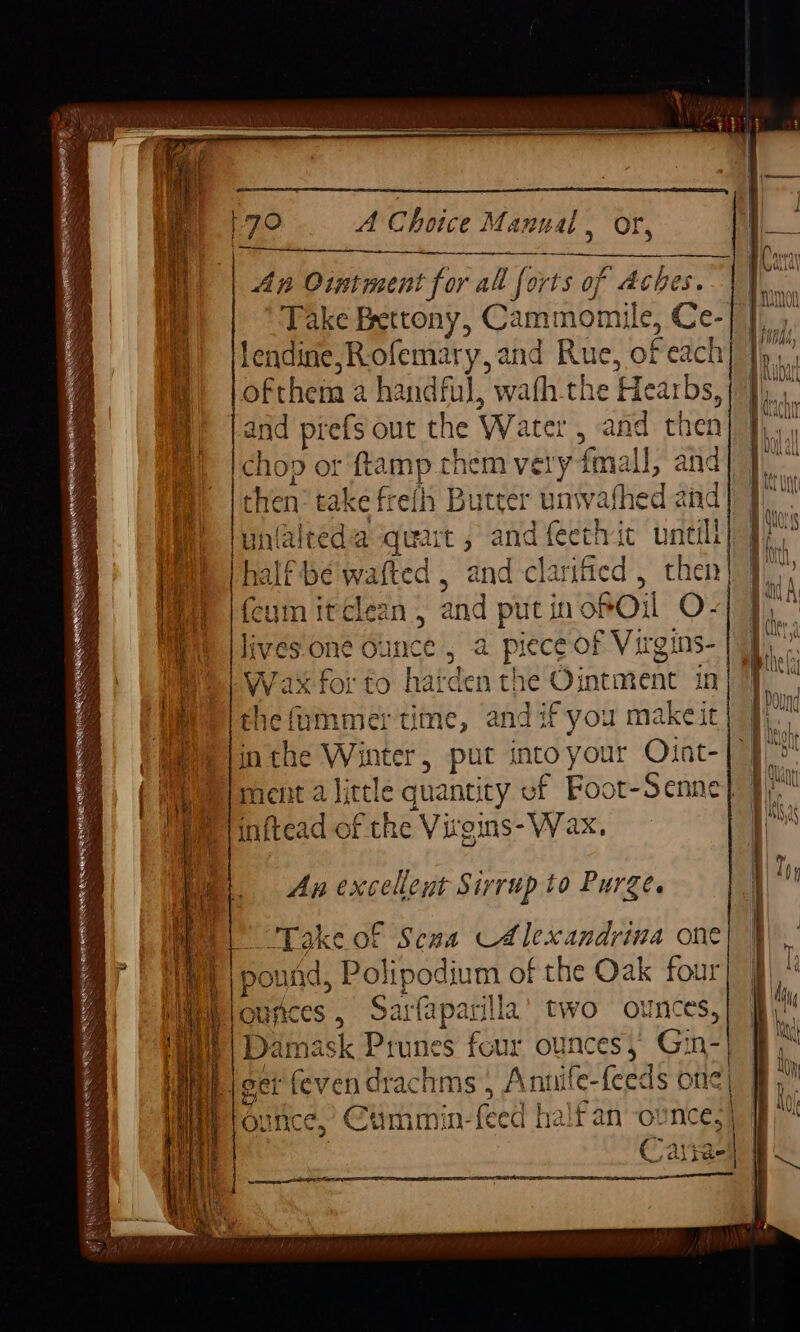 Se << ve EAU ERETNERN EEE TY 17° A Choice Manual SOE | b) f f Ap Ointment for al forts of Aches. || lendine,Rofemary,and Rue, of each ofthem a handful, wafh the Hearbs, and prefs out the Water , and then chop or ftamp them very fmall, and then® take frefh Butter unwafhed and unfalreda quart, and feethic untill halfbé wafted , and clarified , then (cum itclean , and put inofOil O- Wax for to harden the Ointment in the fummer time, and if you makeit inthe Winter, put intoyour Ojiat- inftead of the Virgins- Wax, An excellent Sirrup to Purge. “Take of Sena CAlexandrina one pound, Polipodium of the Oak four ounces, Sarfaparilla’ two ounces, Damask Prunes four ounces, Gin- ounce,’ Cummin-feed half an ounce, Catiae)