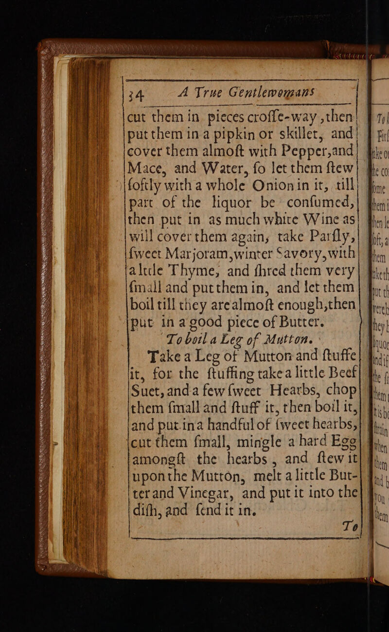 34 A True Gentlewomans cut them in pieces croffe-way ,then! 9 1)| put them ina pipkin or skillet, and! | py cover them almoft with Pepper,and) Beg Mace, and Water, fo let them ftew} fie \\foftly with a whole Onion in it, till) Bie part of the liquor be confumed,| Ben then put in as much whice Wine as} Pw) will cover them again, take Parfly,| Iii; fweet Marjoram,winter Savory, with] Bh. altcle Thyme, and fhred them very] Bite {mall and putthem in, and let them | fi boil till they arealmoft enough,then put in agood piece of Butter. “To boil a Leg of Mutton. Take a Leg of Mutton and ftuffe it, for the ftuffing takea little Beef Suet, anda few {weet Hearbs, chop} ji them {mall and ftuff it, rhen boil it,) ff and put.ina handful of {weet hearbs,} | \cut them fmall, mingle a hard Ege amongft the hearbs , and ftew it uponthe Mutton, melt alittle Bur- terand Vinegar, and put it into the difh, and fend it in. Tol}