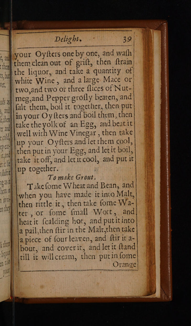 ee i ih j i Delight. 39 | — your Oyfters one by one, and wath | J them clean out of grift, then ftrain| Ithe liquor, and take a quantity of! white Wine, and a large Mace or | two, and two or three flices of Nuts || meg,and Pepper grofly beaten, and Ai falt them, boil it cogether, then put in your Oy fters and boil them, then |take the mis of an Egg, and beatit 4} well wich Wine Vinegar , then take ‘Iiup your Oyfters and let them cool, af then putin your Egg, and letit boil, Yullitake iroff, and letit cool, and put it up together. : To make Grout. Take fome Wheat and Bean, and when you have made it into Malt, then rittle. it, then take fome Wa- rer, or fome fmall Wort, and heat it {calding hot, and putitinto a pail,then ftir in the Malt,then take apiece of fourleaven, and ftir it a- bout, and coverit, and ler it ftand AD A {till ic willcream, then putin fome } Orange! ae