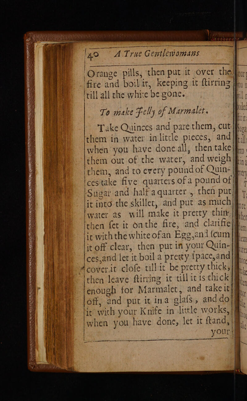 —_— Nik. : ; ‘Orange pills, then put it over thedny fire and boilit, keeping tr ftirring i ‘till all che whice be gone. | {) | r = a &lt;&gt; = - Sa oS To make Felly of Marmalet. Take Quinces and pare them, cut} them in water inlitcle pieces, and jf when you have done all, then take} them out of the water, and weigh ithem, and to every pound of Quin- Icestake five quarters of a pound of] ‘Sugar and half aquarter, then put} it into the skillet, and put as muchj§ water as will make it pretty thin: |i, Ithen fer it onthe fire, and clarifie/. ic with the white ofan Egg,anifcum|ff, it off clear, then put in your Quin-|f Ices,and let it boil a presty {pace,and |. “Acover.it clofe tillit be pretty thick, Ithen leave ftirring it tillicits thick}. enough for Marmalet, and takeit)™ loff, and put it ina glafs, and dol] ' fit: with your Knife in litle works, |j _ ‘when you have done, let it ftand,, 2 | your \™ } —— aes i ee ss = i) + Mi = ae crs ae = = se . =—_- —S&gt; “&gt; A j In] my Wy 2 ere pte SS eS SS eee * i