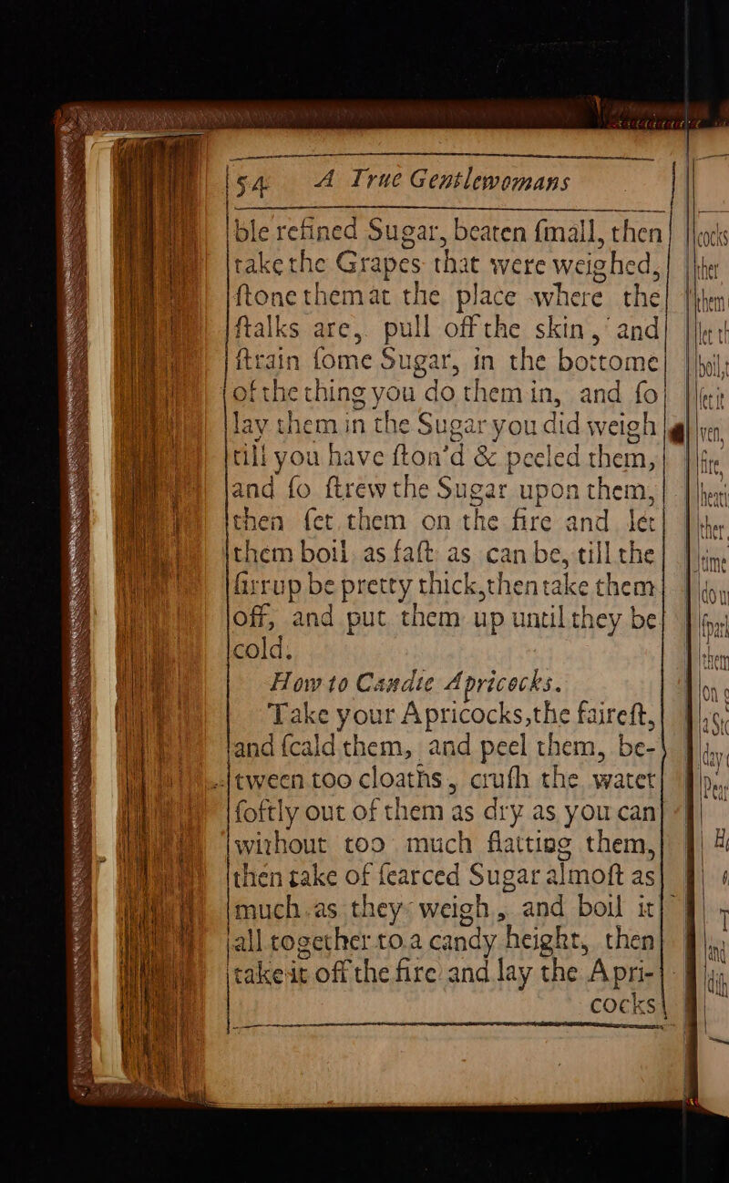 cA &gt; take the Grapes that were weighe ed, ftone themat the place where the ftalks are, pull off the skin,’ and ftrain fome Sugar, in the bottome oft he thing you dothemin, and fo lay them in the Sugar youd did weigh rill you have fton’d &amp; peeled Hees and fo ftrew the Sugar upo! onus then fer. them on the fire and | them boti. as faft as. can be, tll the firrup be pretty thick,thentake them off, and put them up until they be cold. How to Candie Apricocks. Take your Apricocks,the faireft, and {cald them, and peel them, be- tween too cloaths , crufh the, water foftly out of them as dry as you can without too much flattiag them, then take of fearced Sugara Tmoft as all together to.a candy height, then ‘takeit off the fire and lay the Apri 5 s x = _ Ss ua y “oe rs oe ps Se ets ie . _ ze aes 3 = &gt; SS &lt; Se Ss re aaee eh ~? 7s ~ 2a “= &amp; “st &gt; ss =e = a8 — —— ea nin 5 — re — a &lt;a = a vee i 7 am = ae a = Ea - ' = = fete? = + ‘aA &gt; x: z oe Beans = Sp mers Rap i oa ier soe = rn = 7%, % a] ‘ a ae a eee eee we ae at ak Pe ce ee ee ee ea q pe