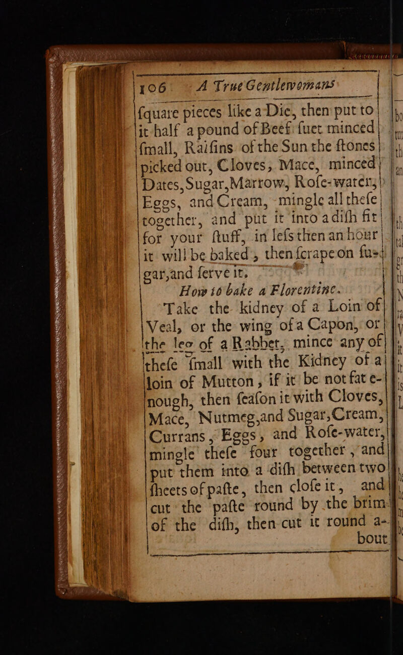 Ria L OS eee i ey fquare pieces like a-Die, then: putto| |i, Mave lit half a pound of Beef: fuet minced| |, fmall, Raifins. of the Sun the ftones |) |) picked out, Cloves, Mace, minced} |, Dates, Sugar,Marrow, Rofe-watéry) | Eggs, and Cream, -mingle all thefe) | together, and put it into adifh fit) de Ifor your ftuff, in lefsthen an hour I, it will be baked, then {crapeon fas. i par,and ferve it, “907 ait How 6 bake a Florentine. | Take the kidney of a Loin of ea or the wing ofa Capon, of ithe leo of a Rabber,, mince any of thefe {mall with the Kidney of aj] loin of Mutton, if it be not fat e-|];. nough, then feafon it with Cloves, i Mace, Nutmeg,and Sugar,Cream, |} Currans , Eggs, and Rote-water,|f mingle thefe four together , and|f put them into a difh between twoll fheets of pafte, then clofeic, andj, cut the pafte round by the brim]. of the difh, then-cut 1t round a-j. bout # Dh a a 4 !) val tae