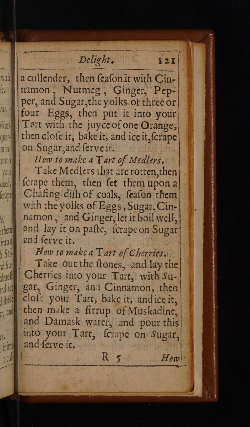 acullender, then {eafonit with Cin- | | \ How to make aT art of Medlers. vu ake Medlers that are rotten,then} . i {crape them, then fet them upon a| with the yolks of Eges , Sugar, Cin namon , and Ginger, let it boil well, and lay it on pafte, {crape on Sugar end ferve it. ‘| «How to make a Tart of Cherries. Take out the ftones, and.lay the ) Cherries into your Tart, with Su- | gar, Ginger, and Cinnamon, then| clofe your Tart, bake it, andice it, then miake a firrup of Muskadine, |. and Damask water, and pour this into your Tart, {crape on Sugar, ; |