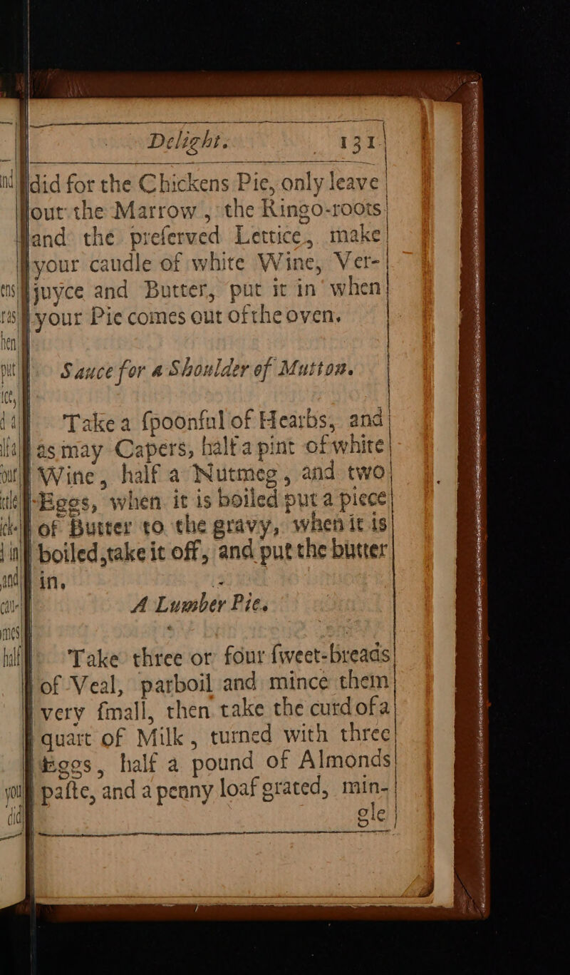 } Sauce for 4 Shoulder of Mutton. | | Take a {poonful of Hearbs, ana) Wine, half a Nutmeg, and two) hEges, when it is boiled puta piece| Take three or four fweet-breads| } { le ‘ Ct a Rae Se AACE ASN ed a ea.