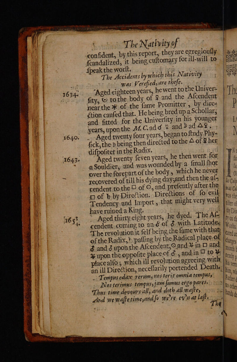    SR Sees om ec dbeernk “Ay “oe. s. BPE aly — ween re ronnie NY ATES : The Nativity of confident, by this report, they are egregioufly The Accidents by which this Nativity so dale lwas Ve qiieaient thefes eigtt . iohteen years, he went tot: vers — ae ea of 9-and the Afcendent year the K of the fame Promitter , by dire+ <tion caufed that. He being bred up a Schollar, and fitted for the Univerfity in his younest years, uponthe AZ C.add © and > ad 2 fo _. Aged twenty four years, began to ftudy. Phy- fick, the D being se directed tothe 4 of ¥ her difpofiter in the Radix. iuiaob ee feven years, he then went for a Souldier, and was wounded by a fimal] {hot over the forepart of the body , which he ney recovered of till his dying day;and then thea : cendent to the H of ©, and prefently after the cof b by Direction. DireCtions of fo evik Tendency and Import , that might very well rave ruined a King. 8p t ; Aged thirty eight years, he dyed: The Af cendent. coming to ané of &amp; with Latitudes The revolution it felf being the fame with that of the Radix, pafling by the Radical place:of g@ and dg uponthe Afcendent,©.and ¥ in 0 and 4 upon the oppolite place of d:, andin o ie placealfo, which ill revolution agreeing Witt an ill Direétion, neceflarily portended Death: A Tempus edare rerum, nos terit omnia tempus, Thus time devours all, and doth all wae F ie 4p; waltetime,andfo we're evn at ldfra: dvd we wafterimeandfe 3 rhe                        Zoe =¥ = SoS =>) + Led 2 a ag     P| it te Irs Cul thas Cul tras the | ter of 1 ty Diy TY on th Works | Cated at | Charges | Month f his ver hin, wh Father g i Othe | bats d