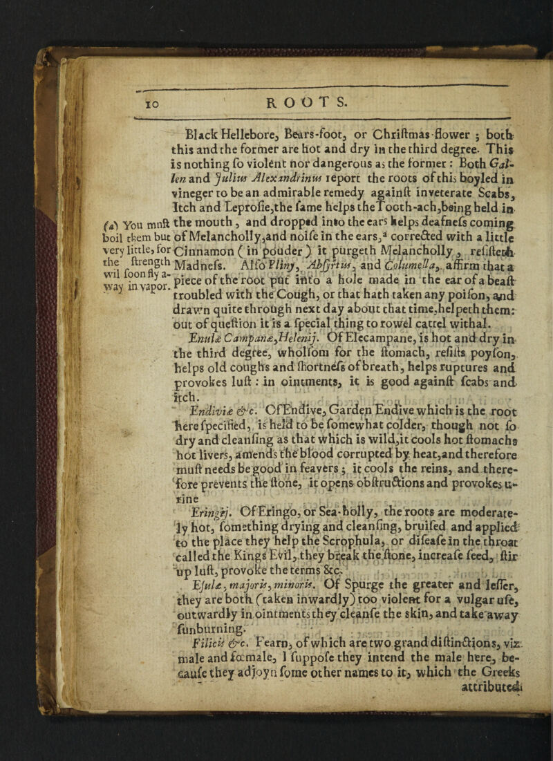 Black Hellebore, Bears-foot, or Chriftmas flower ; botb this andthe former are hot and dry in the third degree. This is nothing fo violent nor dangerous as the former: Both GaU len and Julius Ahxxndrinw report the roots of this boyled in vineger to be an admirable remedy againft inveterate Scabs, Itch and Leprofie,the lame helps theTooth-ach,being held in (a) You mnft the mouth , and dropped into the ears helps deafnefs coming boil them but of Melancholly,and noife in the ears/ corrected with a little very little, for Cinnamon ( in pouder ) it purgeth Melancholly , reliftetli the ftrength Madnefs. Alfo P/iw/, Abjjrtuf^ and Columella^ affirm that a way in vapor P*ece tbe rOOt pit into a hole made in the ear ofabeaft * ^ * troubled with the Cough, or that hath taken any poifbn, and drawn quite through next day about that time,helpeth them: out of queftion it is a fpecial thing to rowel cattel withal. JEnuU Campan&yHelemj. Of Elecampane, is hot and dry in the third degree, wholfom for the Aomach, refills poyfon, helps old coughs and ffiortnefs of breath, helps ruptures and provokes luft : in ointments, it is good againft fcabs and Itch. ^ . . o&bi Endivi£ &c. Of Endive, Garden Endive which is the root herefpecified, is held to be fomewhat colder, though not fo dry and cleanfing as that which is wild,it cools hot ftomachs hot livers, amends the blood corrupted by heat,and therefore muft needs be good infeavers; it cools the reins, and there¬ fore prevents the ftone, it opens obftru&ions and provokes n* line Eringrj. Of Eringo, or Sea*holly, the roots are moderate¬ ly hot, fomething drying and cleanfing, bruifed and applied to the place they help the Scrophula, or difeafe in the throat called the Kings Evil,.they bijeak the ftone, increale feed, ftir up luft, provoke the terms &c; EJul&, majority minority Of Spurge the greater and leificr, they are both (Yaken inwardly) too violent for a vulgar ufe, outwardly in ointments they cleanfe the skin, and takeaway funburning. Filicis &c. Fearn* of which are two grand diftin&ions, vir. male andfocmale, 1 fuppofethey intend the male here, be- caufe they adjoyn fome other names to it3 which the Greeks attributed!