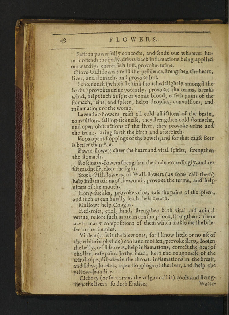 Saffron powerfully coneo£b, and fends out whatever hu¬ mor offends the body,drives back infkmations,being applied' outwardly, encreafeth luff, provokes urine. Clove-Gilliflawers refill the peftilence,ftrengthen the heart, liver, and ftomach, and provoke lull. Sch-ceninth (which I think I touched (lightly amongft the herbsy provokes urine potently, provokes the terms, breaks wind, helps fuch as fpit or vomit blood, eafeth pains of the ftomach, reins, and fpleen, helps dropfies, convulsions, and incarnations of the womb. Lavender-Cowers refill all cold afflictions’of the brain, convulfions,falling-fickneffe, they ftrengthen cold ftomachs, and open obftru&ions of the liver, they provoke urine and' the terms, bring forth the birth and afterbirth. Hops opens (loppings of the bowels,and for that caufe Beer Is better than Ale. Bawm-flowers cheer the heart and vital fpirks, ftrengthen the ftomach. flofemary-flowers ftrengthen the brain exceedingly,and re¬ fill madnefie, cleer the fight. Stock‘GilliCowers, or Wall-flowers (as fome call them) help inflamationsofthe womb, provoke the terms, and help ulcers of the mouth. Hony-fuckles, provokevrine, eafe the pains ofthe fpleen, and fuch as can hardly fetch their breath. Mallows help Coughs. Hed-rofes, cool, bind, ftrengthen both vital and animal vertue, reftorefuch as are in consumptions, ftrengthen : there are fo many compofitions of them which makes me the brie¬ fer in the fimples. Violets (to wit the blew ones, for I know little or no ufe of the white in phyfick) cool and ntoiften, provoke deep, loofen the belly, relift leavers, help inflamations, correftthe heat of ctioller, eafe pains in the head, help the roughneffe of the wind-pipe, difeafes in the throat, inflamadons in the bread, &ndfides,plurefies, open (loppings of the liver, and help the yellow-jaundice. Gichory (or fuccory as the vulgar call it) cools and ftreng- the ns the liver:: fo doth Endive. Waters