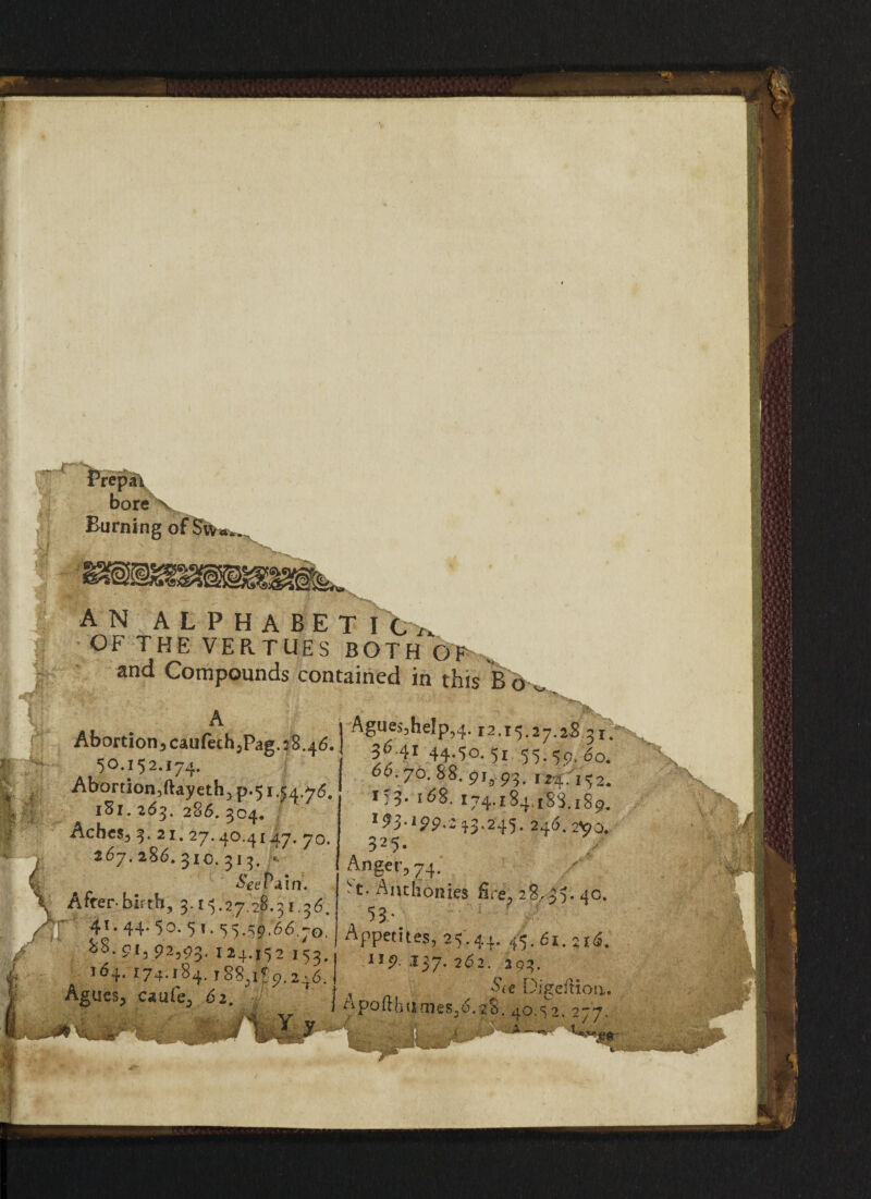 an alphabeti OF THE VERTUES BOTH and Compounds contained in this A Abortion, caufech.,Pag. 28.46, 50.152.174. Abortion,ftayeth, p.51.54 ,76. 1X1.263. 286. 304. Aches, 3. 21.27.40.41.47. 70. 267.286. 310. 315. ■* SeilPain. After birth, 3.15.27.28.3 1.36. 4T* 44- 5o. 5 *• 55*59-66.70, ^•91, 92,93.124.152 153. 164.174.184.188,1*9.246. Agues, caufe, 62. i,'/- ;• /Wj v.-. ’ ! Agues,help,4. r2.r5.27.2S 3 36.41 44.50. 51 55.59.6c 66. 70. 88. 91, 93. 124.15; i>3- 168. 174.184. rSS.iSr 193.199.2 43.245. 246.2*K 325* Anger, 74. 5t. Anthonies fire, 4c 53- Appetites, 25.41. 45. 61. u<S 1 1 P 137. 262. 293. , Digeftios ^pofthames,6.28. 40.52. 27