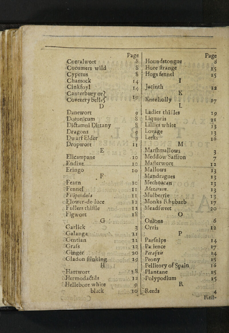 / Corral wort Cucumers wild Cyperus Chamock Cinkfoyl v Canterbury or? Coventry bells) D Dane wort Doronicum Di£tanmi Dittany Dragons Dwarf Elder Page 8 Houndstongue 8 Hore ftrange 8 Hogs fennel r4 I Jacinth K ip KneehoIIy ' _ L 9 Ladies thifdes 8 Liquoris .8 Lillies white 9 Loyage 9 Leeks - Page d i5 15 12 *7 *9 11 J3 J3 16 Dropwort E Elicampane , Endive. j 11 10 IQ M Marfhmallows Med do w Saffron M after wort 3 7 12 Eringo IO Mallows 13 F * Mand rag ties *3 Fearn ic' Meehoacart 13 Fennel II Jldezereon. J3 FiUpewduU I I dVIulberrie tf - , i. 13. Flower-de-luce 12 Monks Rhubarb 17 Fullers thifUe I 1 Meadfeveet 20 Fig wort l8 ° G Onions 6 Garlick 3 Orris 12 Galanga 11 ; P Gentian 11 Parfnips 14 Grafs 12 Faience 17 Ginger 20 Fetatfti* H • Gladon fl inking Peony 15 H 1 > Pellitory of Spain 16 Hartwort i 8 Plantane . Hermoda&ds 12 Polypodium *5 Hellebore white 9 R black ID J Reeds