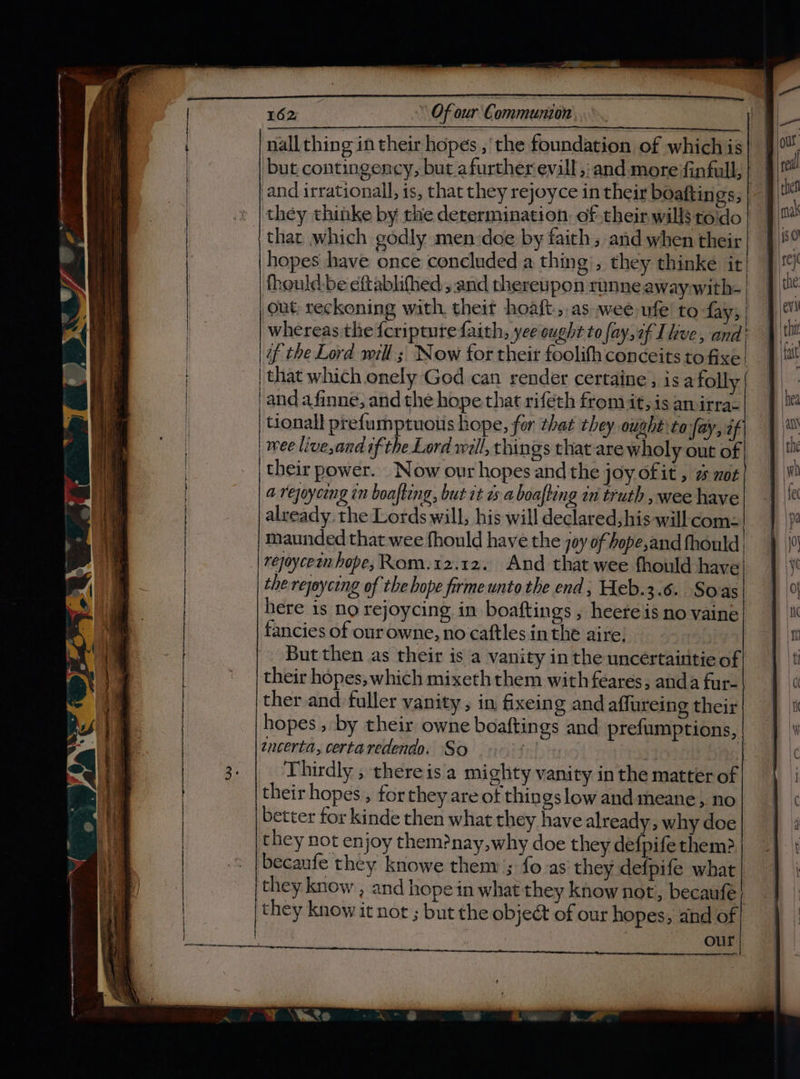 but contingency, but afurther evill ,: and more ‘finfull, £ and irrational, is, that they rejoyce in their boaftings, | | they thinke by the determination, of their wills roldo that which godly men-doe by faith ; and when their hopes have once concluded a thing’, they thinke it fhould:be eftablifhed ; and thereupon runne awaywith- out reckoning wath, theit hoaft.,.as wee ufe' to fay, whereas the {cripturefaith, yee ought to {ay,af Lhve, and’ if the Lord will ; Now for their foolifh conceits to fixe | that which onely God can render certaine; isa folly | | and afinne, and the hope that rifeth fron it, is amirra- tionall prefumptuotis hope, for that they ought to fay, af wee live,and if the Lord will, things that are wholy out of | their power. Now our hopes and the joy of it , 2 not a rejoycing in boafteng, but it 0s a boafting in truth , wee have already the Lords will, his will declared, his-will com: | maunded that wee fhould have the joy of hope,and thould | rejoycetn hope, Rom.12.12. And that wee fhould have: the rejoycing of the hope firme unto the end, Heb.3.6. Soas here is no rejoycing in boaftings , heereis no vaine fancies of our owne, no caftles in the aire: But then as their is a vanity in the uncertaintie of their hopes, which mixeth them with feares, anda fur- ther and fuller vanity , in, fixeing and affureing their hopes , by their owne boaftings and prefumptions, incerta, certaredendo. So in Thirdly ; there is'a mighty vanity in the matter of their hopes , for they are of things low and meane, no better for kinde then what they have already, why doe they not enjoy them?nay,why doe they defpife them? becaufe they knowe them ; fo as' they defpife what they know , and hope in what they know not, becaufe : | they know it not ; but the objeét of our hopes, and of | our Fe erate { | } | { a gt ag a