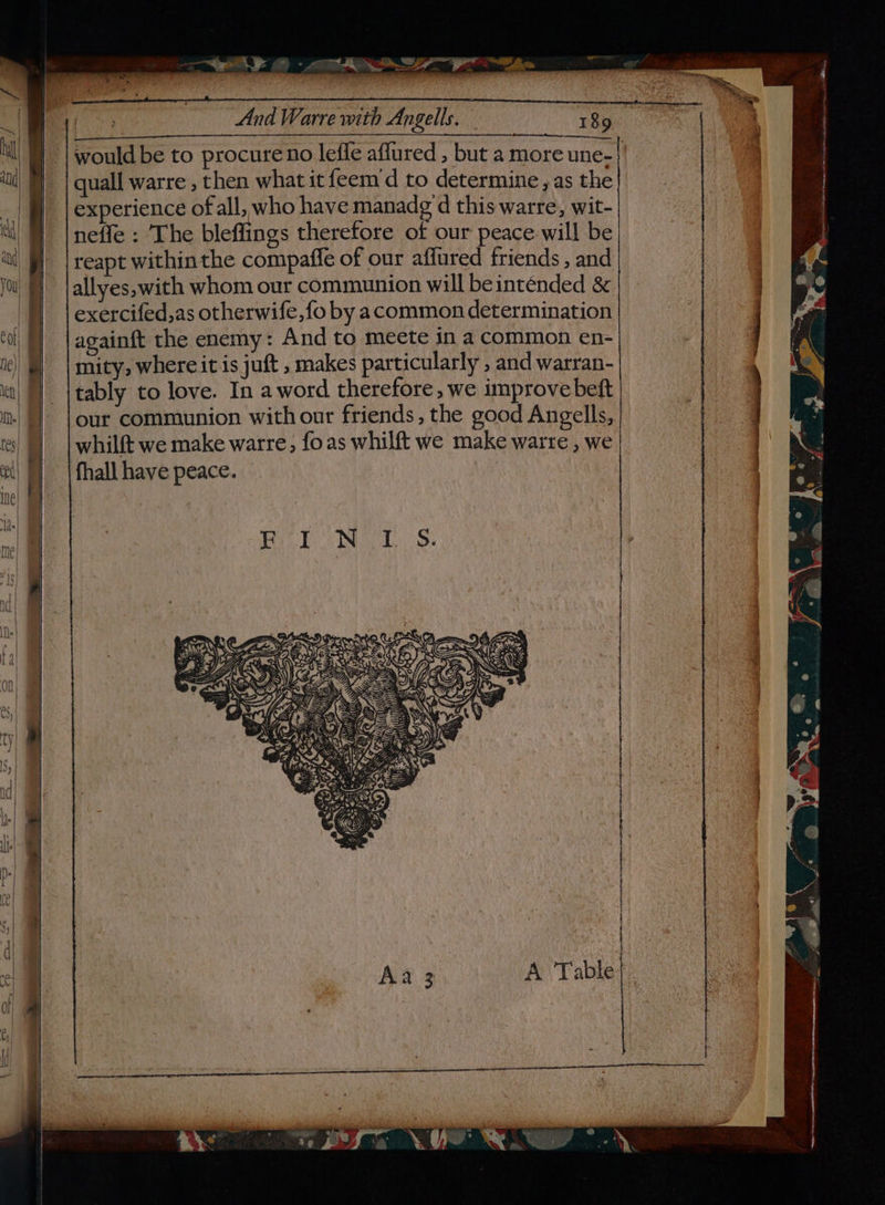 &lt;&lt;“ «NDS — Yr haw And Warre with Angells. — 189 quall warre , then what it feem'd to determine, as the experience ofall, who have manadg d this warre, wit- neffe : The bleflings therefore of our peace will be reapt within the compaffe of our affured friends, and allyes,with whom our communion will beinténded &amp; exercifed,as otherwife,fo by acommon determination againft the enemy: And to meete in a common en- mity, where it is juft , makes particularly , and warran- tably to love. In a word therefore, we improve beft our communion with our friends, the good Angells, whilft we make warre, foas whilft we make warte , we | fhall have peace. | | Aa 3 A Table |