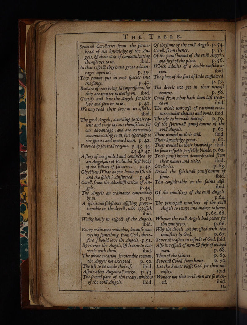 ESAT RAS Pee es Ue ade DD ACB ie E Of the finne of the evill Angels. p. $4. 'Severall Corollaries from the former Coroll. from thence. head of the knowledge of the An- gels, &5 their way of communicating themfelves to us, ibid. In that vefpedt they have great advan- tages upon us. p. 39. They cannot put in new [pectes- into the fancy. p..40. Beware of receiving all impreffions, for they are matter to worke on. ibid. Gratify and love the Angels for thesr love and fervice to ws. p- At. We may read their love in its effects. ibid. The good Angels, according to their ta- lent and trujt lay out themfelves for our advantage , and are extreamly communicating to us, but efpecially to our fpirits and inward man. p. 42. Prooved ly feverall reafons. p. A3-44.. 45.40.47. \_A ftory of one guided and conducted by and fir [tof the place. 56. Which admits of .a double confidera- tion. . ibid. The place of the fixt of Inde confidered. ; Dp: 57 The divels not yet in their inet tearme. p. 59. Coroll. from what hath been lajt treat- edon. ibid. The whole univerfe of rationall crea- cures under chasnes and bonds. ibid. The ufe to be made thereof. 9. Of the fpirituall punif bment of the evsil Angels, . 60. Their wound in therr will. ibid. Thetr knowledge great. p- 61. Their wound in their knowledge. ibid. In fome vefpeéts perfettly blinde. p. 62. Their puni{hment demon|trated from an Angel,out of Bodin ba firft booke | their names and titles. ibid. of the Phony of forcerers. p.47. | Corollartes. p. 62. Objcétion, What do you leave to Chrift | Dread the fpirituall punif ment of and the fpivit ? Anfwered. p.48.| _ finne. | “ibid. are from the adminiftration of An-\Tha confiderable to the faints er gels, i p-49. | ibid. ty Angels an ordinance continually Of the miniftery of the evill vee by us.” . p. fo. p-64. A fpirituall fubftance affifting propor-\The principall minsftery of the evil tsonable to. the divell, who oppofeth| Angels to tempt and induce tofinne. us. ibid! |). 3 p.65. 66. | Walke holily in vefpett..of the Angels. | Whence the evill Angels had power for | : | ibid. |. thes miniftery. 66. \ Every ordinance valuable, becaufe.con- | Why the divels are invefted with this | weying fomething from God , there-| — miniftery by God. p.67. | fore {hould love the Angels. p.st. } Severall reafons in re[pest of God. ibid. | Reverence the Angels,€5 learne to con~ | Alfo in vefpe&t of men €S firft of wicked | ver{e with them. ibid. men. p: 68. The whole creation ferviceable to man, | Then of the faites. p. 69. the Angels not excepted. p. §2. | Severall Coroll. fromhence. _p. 70. The ufe to be made thereof. ibid. | Let the Saints bleffe God. for thesr mi= Ajpive after Angelicall worke. —p.§3.\ . niftry. ibid. The fecond part of tha treaty; which «| Wonder not that evill men are fo wick- | of the evill Angels. ibid. | ed. : ibid.