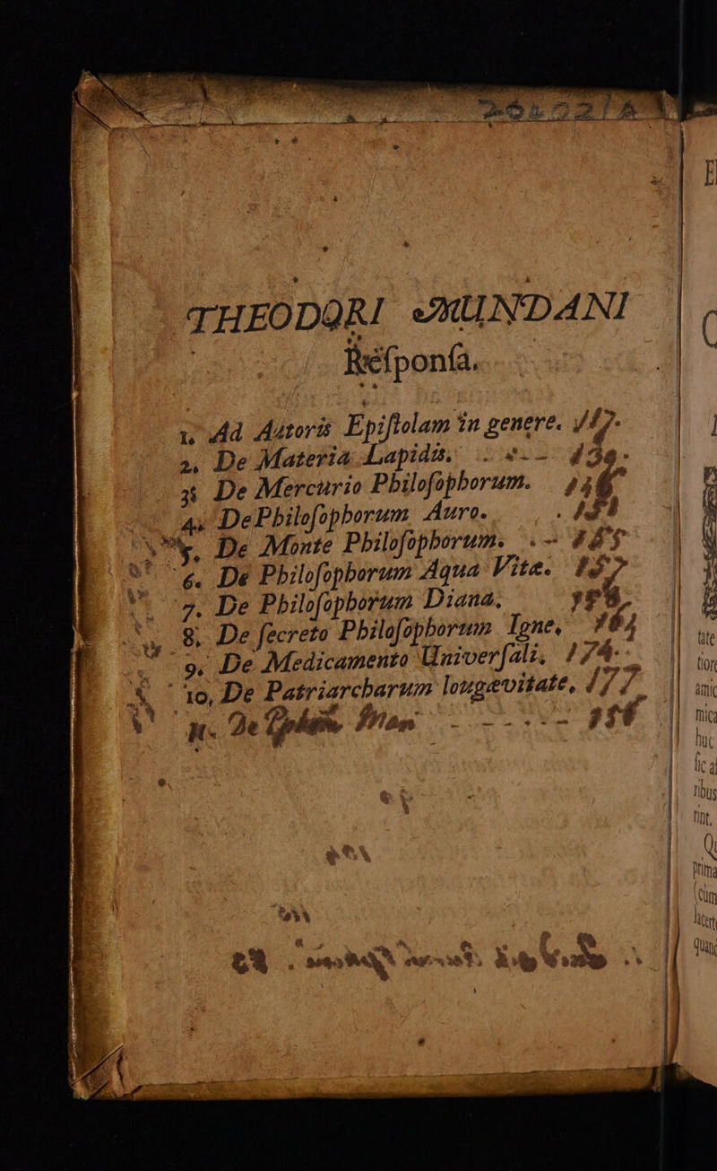  THEODOR! &amp;UNDAÁNI || | Refponfa. H^        u Ad Autori Epiftolam 1n genere. / £7- ! , De Materia Lapida, .- e-—. dg8- 3 De Mercurio Pbhilofopborum. | 4 i n 4 De Pbilofopborum Auro. Af (B M De Monte Philofopborum. .— 85 | a* 0 De Pbilofopberum Aqua Vite. $9 ^ | U.5. De Pbilofopborum Diana, 472 $8 De fecreto Pbilofopbortm Igne. hi 4 [719 De. Medicamento Univer[ali. » T |. n 4 ''Txo, De Patriarcharum lougevitate, /7/ &amp; m dita   0 je Dodain 3d aus Mu a ff | mi L. K- £ V rein fan * : ?H ME fyc | |. fica $ X | TIbus fint [ jj Pm £31! PES |f. au ex ii ^. ds Qu , 25) A (x3 ul