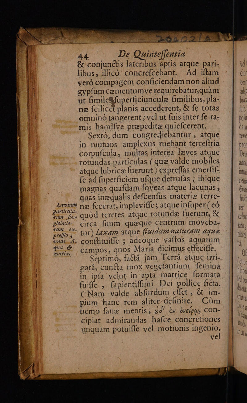 A4. De Quinte[[entia & conjunctis lateribus aptis atque pari- libus, illicó: concrefcebant. Ad iftam veró compagem conficiendam non aliud gypfum cementumve requirebatur quàm ut fimile&fuüperficiuncule fimilibus, pla- nz fcilicet planis accederent, & fe totas omnino tangerent ; vel ut fuis inter fe ra- mis hamifve prepedite quicfcerent. Sextó, dum congrediebantur , atque in mutuos amplexus ruebant terreftria corpuícula, multas interea leves atque rotundas particulas ( que valde mobiles atque lubrice fuerunt ) expreffas emerfif- fe ad fuperficiem ufque detrufas ; ibique magnas quafdam foveas atque lacunas, quas inequalis defcenfus materiz terre- Rr 27 tur) laxa atque fiuudam naturam aqua unde A. conftituiffe ; adeoque vaftos aquarum T4. campos, quos Maria dicimus efteciffe. | Septimó, factá jam Terrà atque irri- gatá, cuncta mox vegetantium Íemina in ipfa velut in apta matrice formata fuiffe , fapientifmi Dei pollice ficta. (Nam valde abfürdum effet , & im- pium hanc rem aliter-definire.. Cüm nemo fane mentis, sd' cy oveipoy COn- cipiat admirandas hafce concretiones unquam potuiffe vel motionis ingenio, vel TC o