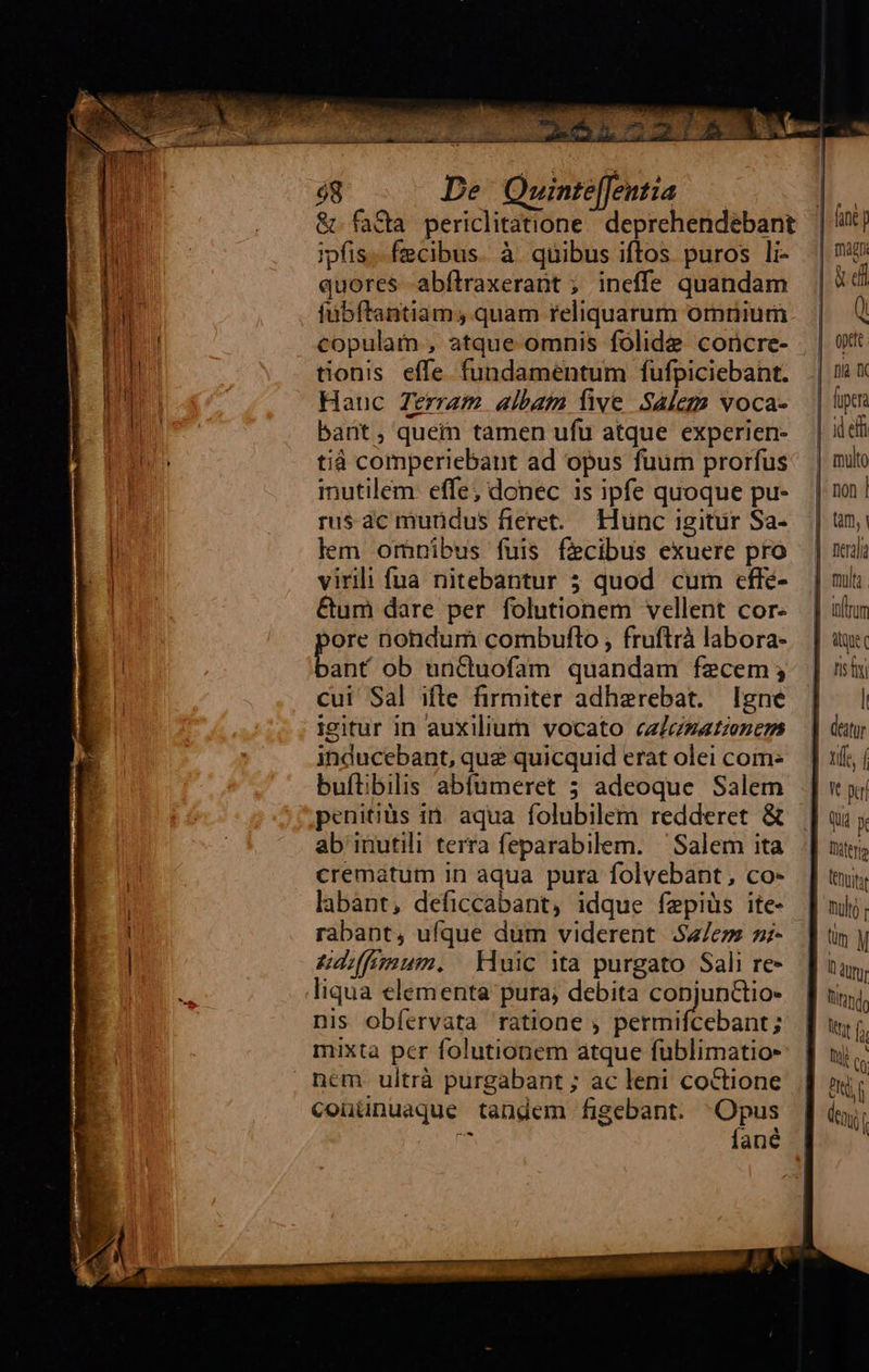  T AEN SS $8 De Quinte[Jentia (M &amp; fafta periclitatione. deprehendébant | 4j ipfis. fecibus. à quibus iftos puros li- | 5 quores abftraxerant ; ineffe quandam | &amp;di fübftantiam.quam reliquarum omuium. |                         copulam , atque omnis folide concre- | | utt tionis effe fundamentum fufpiciebant. |j ie Hauc Zerram albam five Salez voca- | pw bar, quei tamen ufu atque experien- | iie tiáà comperiebant ad opus fuum prorfus. | mili inutilem: effe; donec is ipfe quoque pu- | non rus dc mundus fieret. Hunc igitur Sa-. | un; lem orhnibus fuis fecibus exuere pro : virili fua nitebantur 5 quod cum effe- | mlt &amp;um dare per folutionem vellent cor. | ore nondum combufto ; fruftrà labora-.— | iy bab ob unctuofam quandam fecem; | x cui Sal ifte firmiter adherebat. Igne |] | igitur in auxilium vocato c/csmatieneps — | duty inducebant, que quicquid erat olei comes — | iif, | buftibilis abfümeret 5; adeoque Salem | v yj penitiüs in. aqua folubilem redderet &amp; | ui j; ab inutili terra feparabilem. | Salem ita iftri cremátum in aqua pura folvebant, co- | tuin, labant, deficcabant, idque fepiüs ite- [| nij; rabant, ufque dum viderent Sa/ezs si] tn y ndsffinum. Huic ita purgato Sali re-. [ tay, liqua elementa pura; debita conjunCtio- | liti, nis obíervata ratione ; Betiebans ] uo mixta per folutionem atque fublimatio-: [| uj; Ex LI—— - £f L—i   da : 'Q nem ultrà purgabant; acleni coctione ] mi; couünuaque tandem figebant. Opus yy  ; fané 