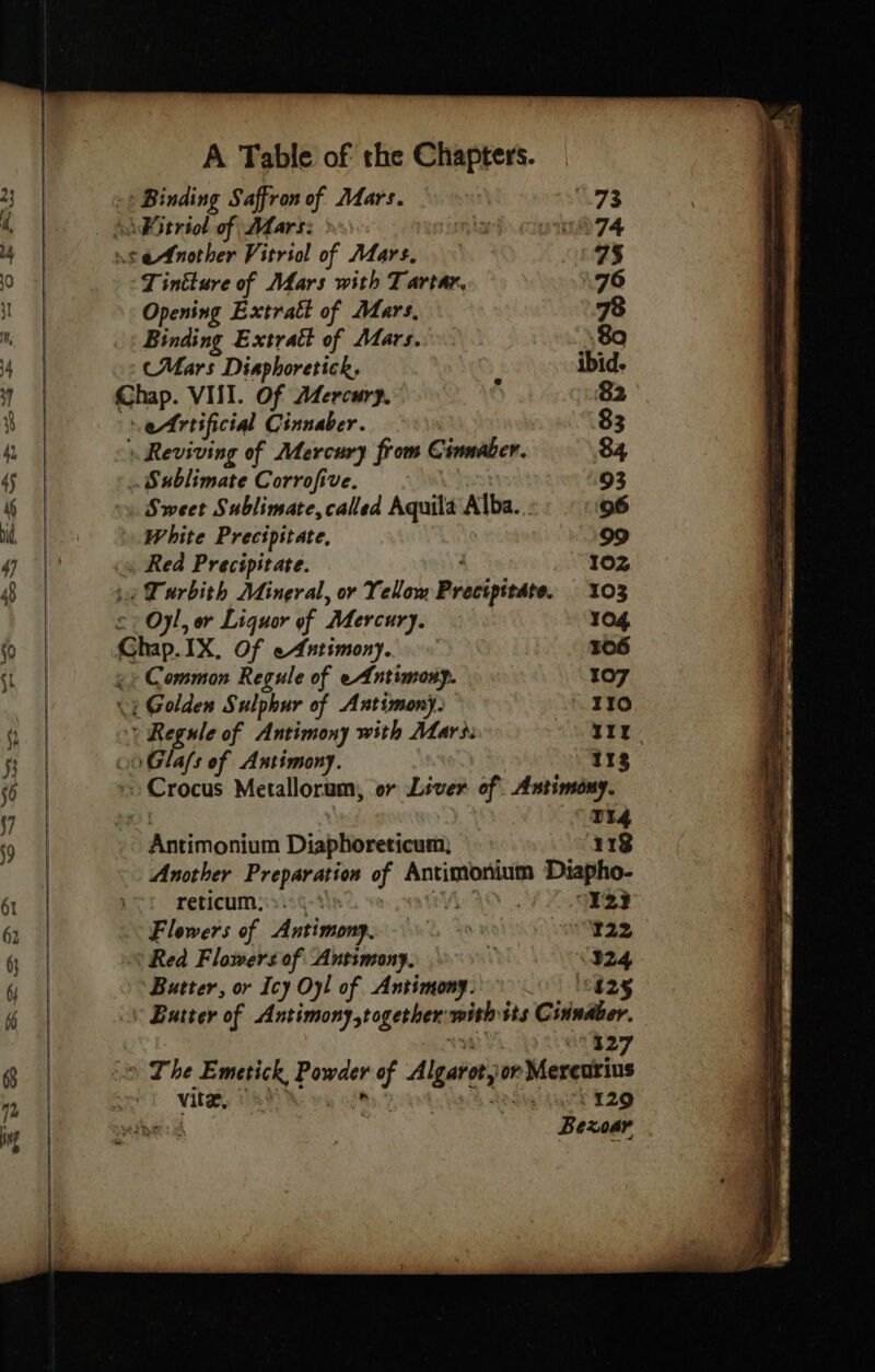 ut Saffron of Mars. À 73 Hitriol of Mars: : ah cu 74 LA noter Vitriol of Mars. 75 Tintture of Mars with Tartar, 76 Opening Extrait of Mars, 78 Binding Extratt of Mars. 80 (Mars Diaphoretick. | ibid. Chap. VIII. Of Adercury. à 82 Artificial Cinnaber. 83 » Reviving of Mercury from Cinmabcr. 84 . Sublimate Corrofive. 93 Sweet Sublimate, called Aquila Alba. . 96 + White Precipitate, 99 a Red Precipitate. 102 i Turbith Mineral, or Telow Peitipieane 103 Oyl, er Liquor of Mercury. 104 Chap. IX. Of eAntimony.. 106 «+ Common Regule of eAntimony. 107 «x Golden S ulphur of Antimony. 110 » Regule of Antimony with Mars: ey $5 oO Glas of Antimony. 113 Crocus Metallorum, or Liver of Antimony. ist | TI14 Antimonium Diaphoreticum) 118 Another Preparation of Antimonium Diapho- reticum. 0» | °F23 Flowers of Antimong. na Yo wold hie) eS * Red Flowers of Antimony, v 324 Butter, or Icy Oyl of, Antimony. £425 Butter of Hat isan), tego ‘with its Cinndber. ‘327 A Table of the Chapters. vite, se ee Agee 129 \ | Bexoar